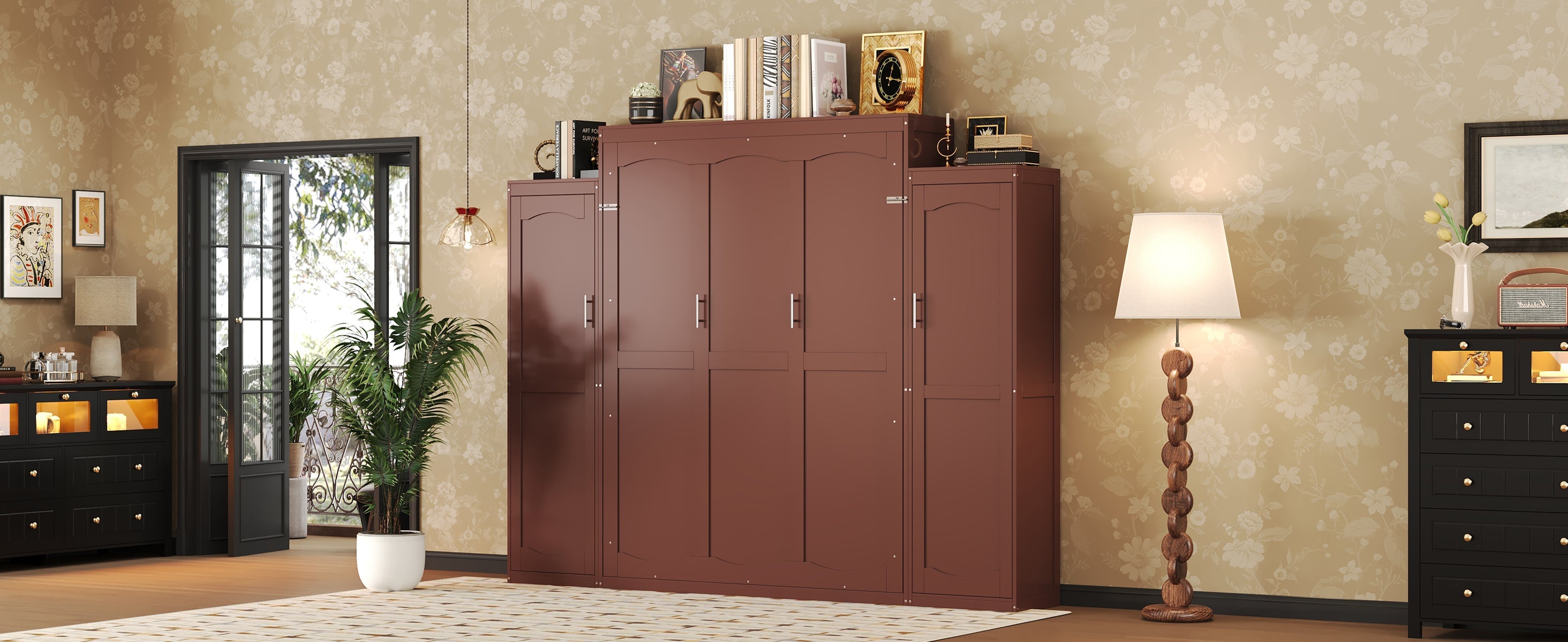Wooden Queen Wall Bed with 2 Wardrobe and Storage Shelf