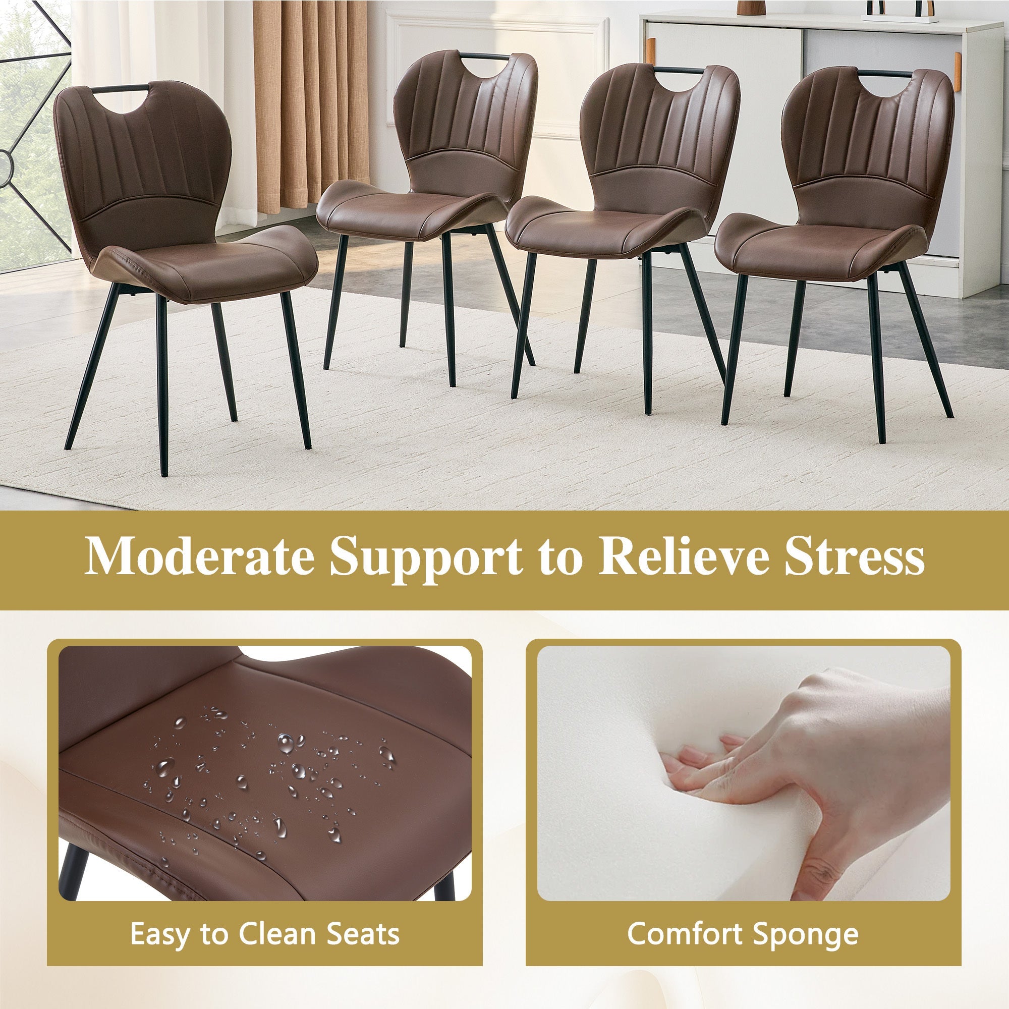 Set of 4 Fabric Dining Chairs Black Metal Frame Wide Cushioned Comfortable