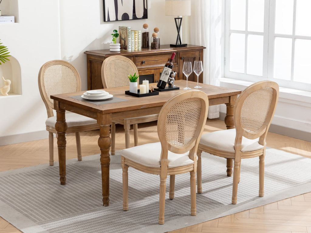 French Style Linen Fabric Rattan Back Dining Chairs (Set of 2)