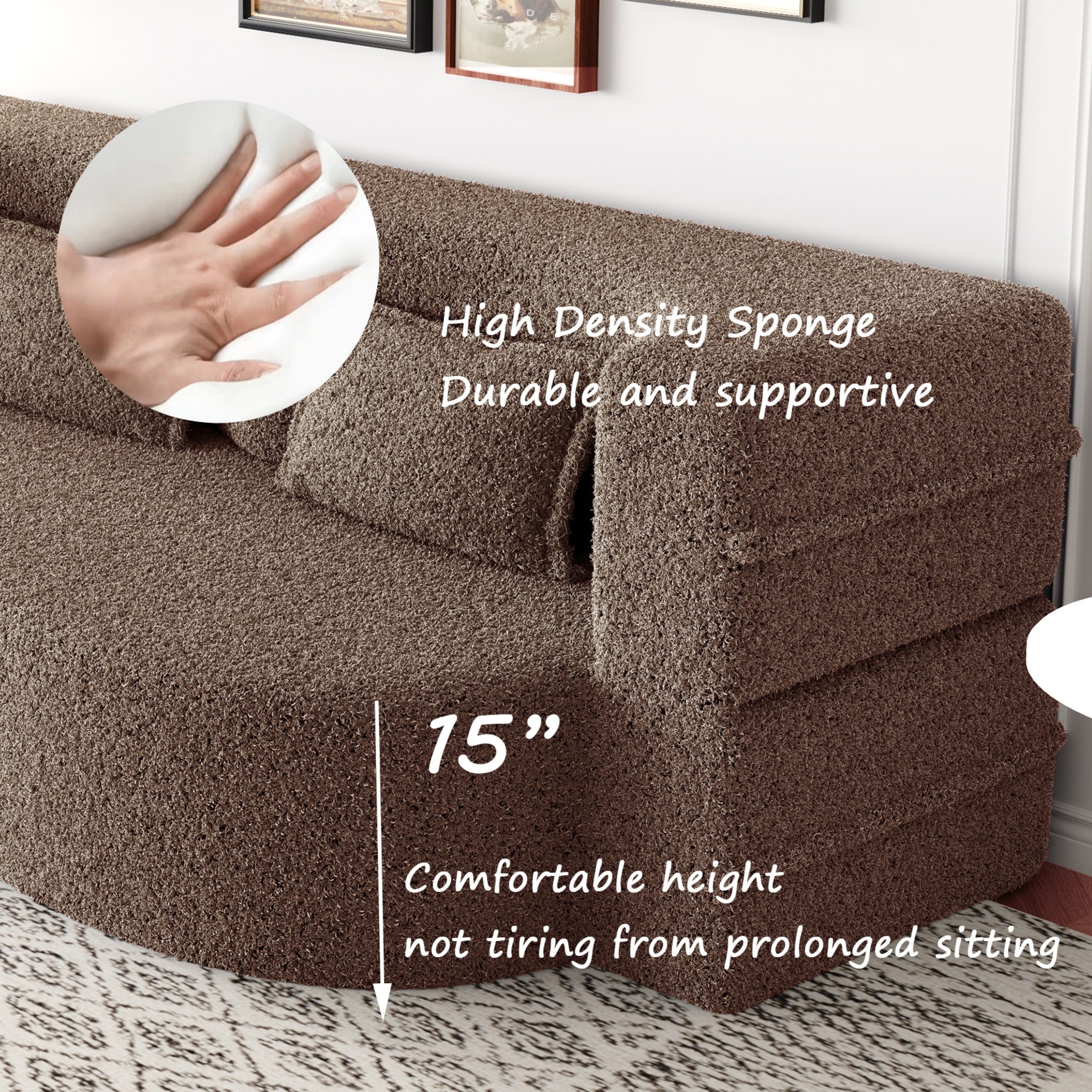 Modern Convertible Teddy Fabric Sofa with 2 Pillows