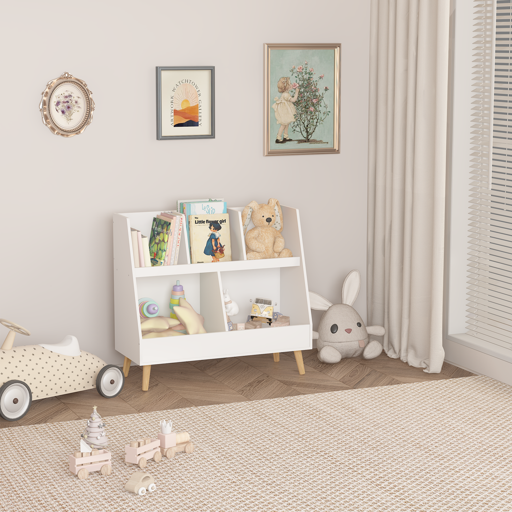 Modern Kids Bookshelf and Toy Organizer with White MDF and Pine Legs
