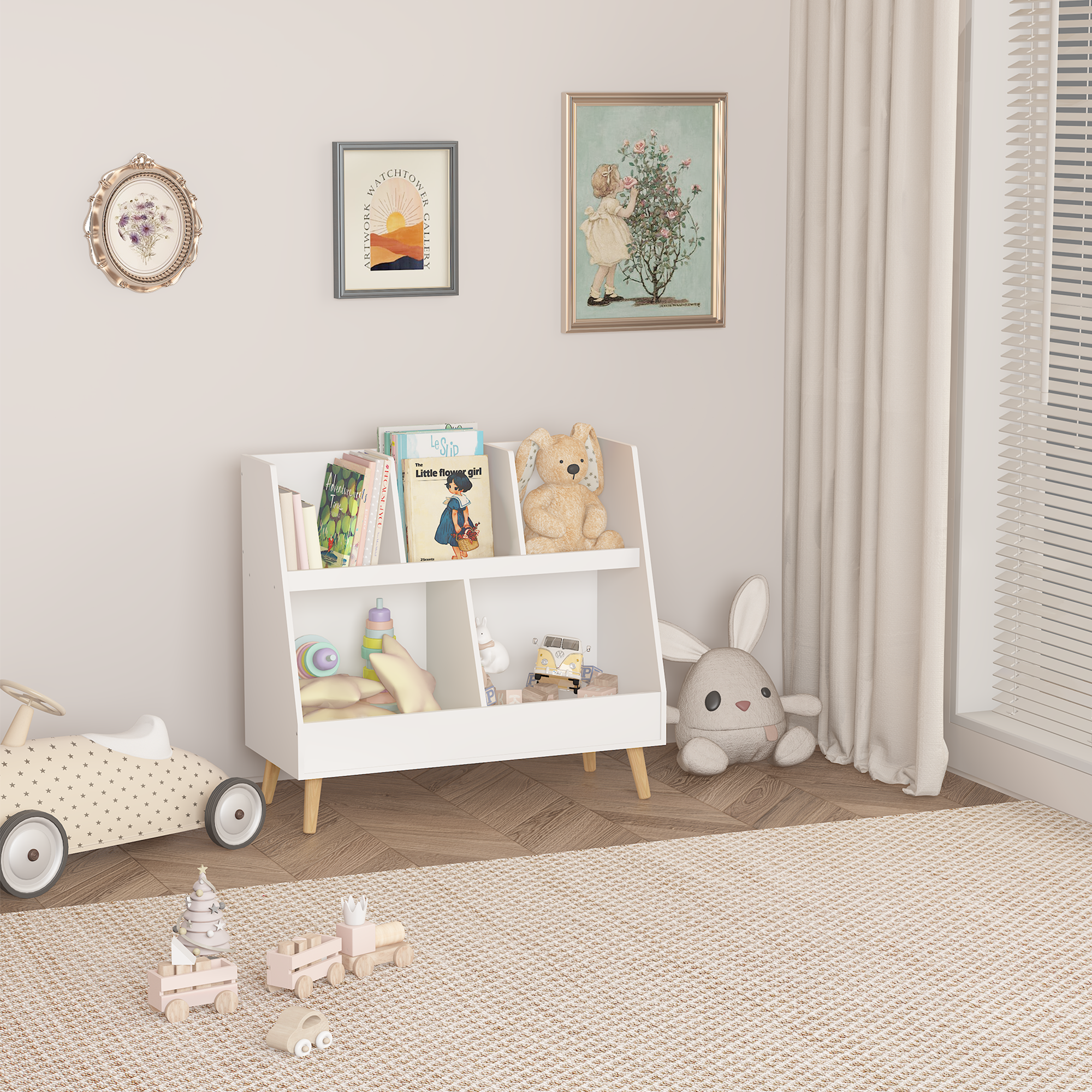 Modern Kids Bookshelf and Toy Organizer with White MDF and Pine Legs