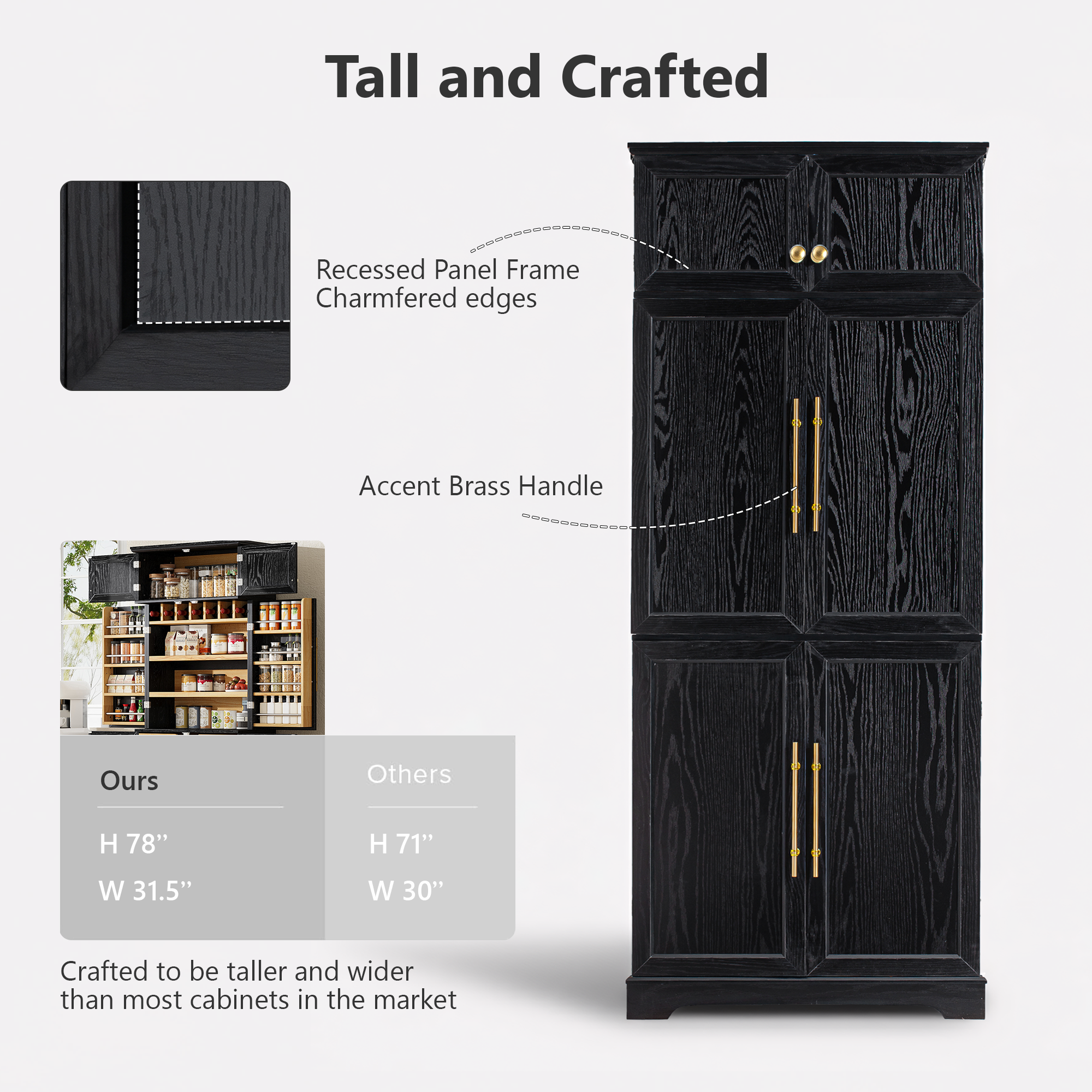 78" Tall Farmhouse Kitchen Pantry Cabinet with Shelves Drawer Wine Rack