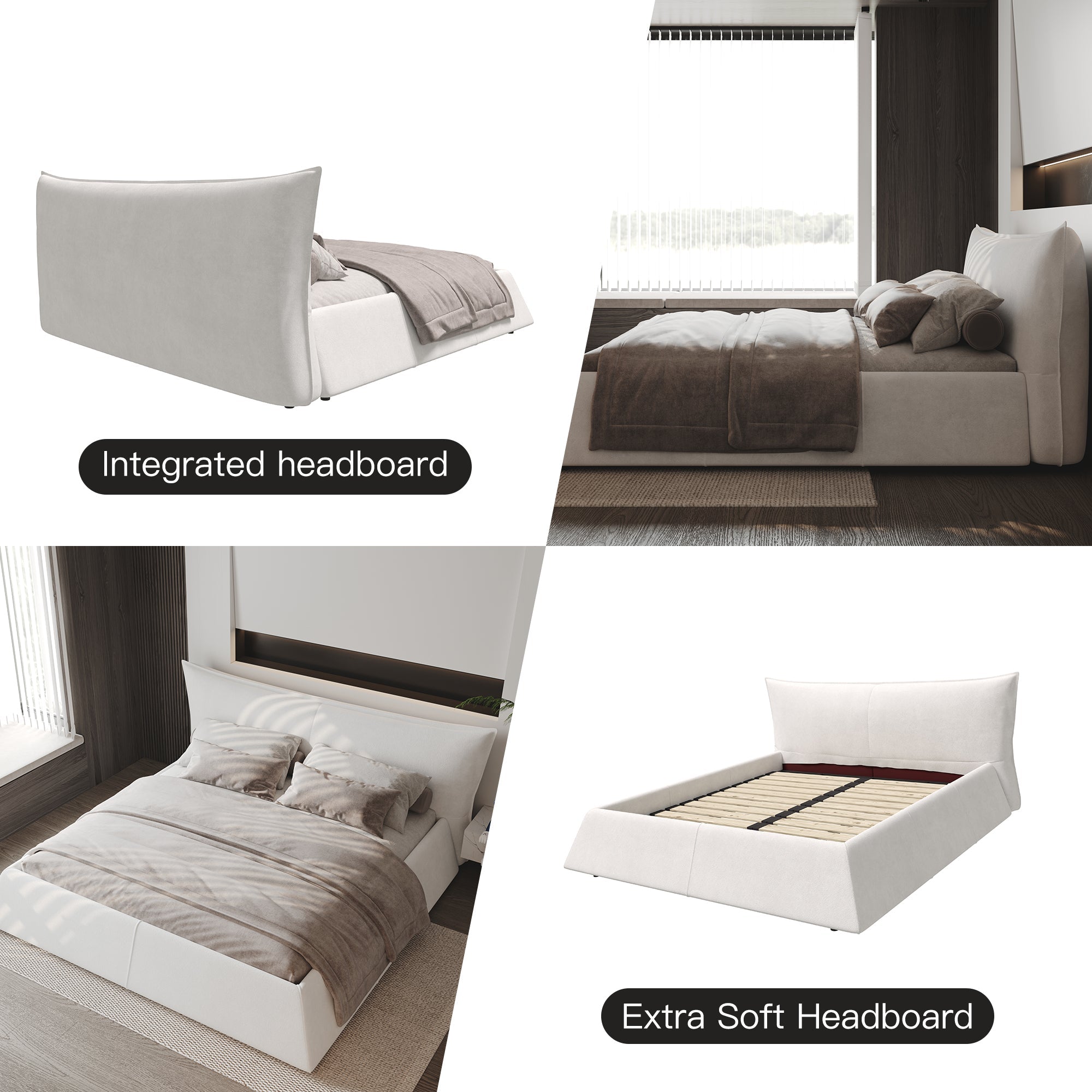 Queen Size Upholstered Platform Bed with Velvet Headboard