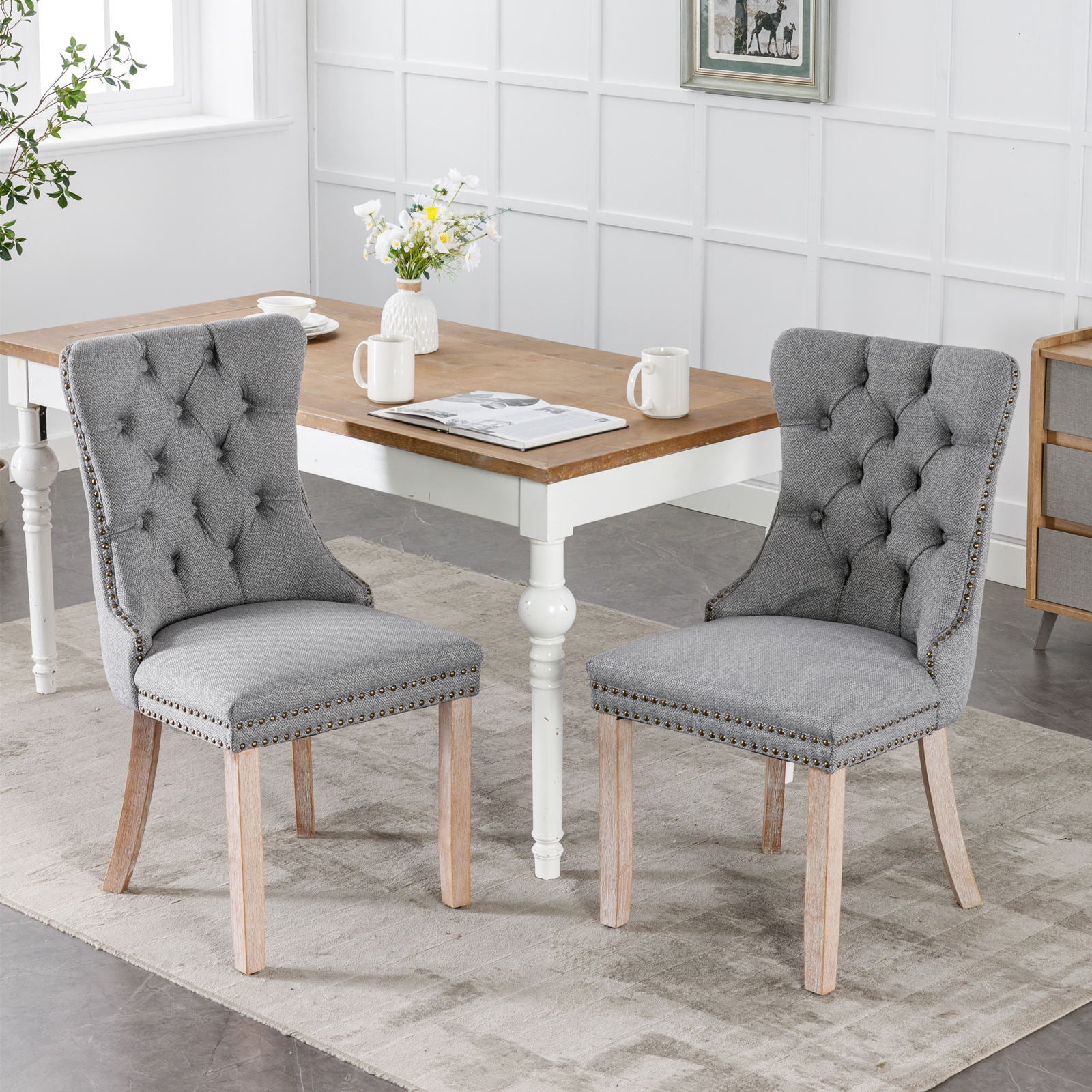 Linen Contemporary Tufted Flax Upholstered Dining Chairs (Set of 2)
