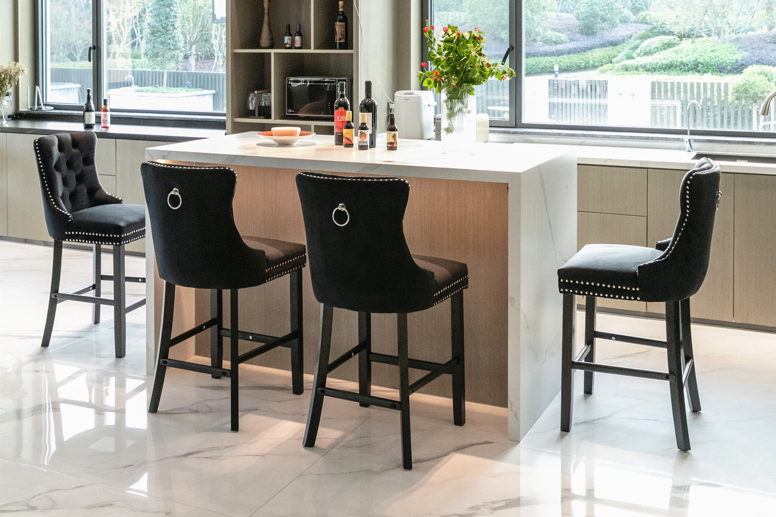 Contemporary Velvet Upholstered Barstools with Button Tufted Decoration (Set of 2)