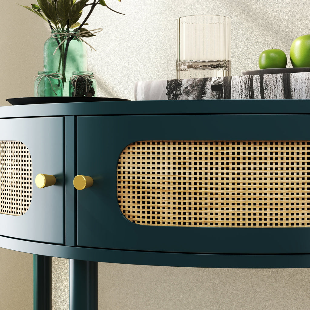 Rattan Semi Circle End Table with 2 Rattan Storage Cabinet