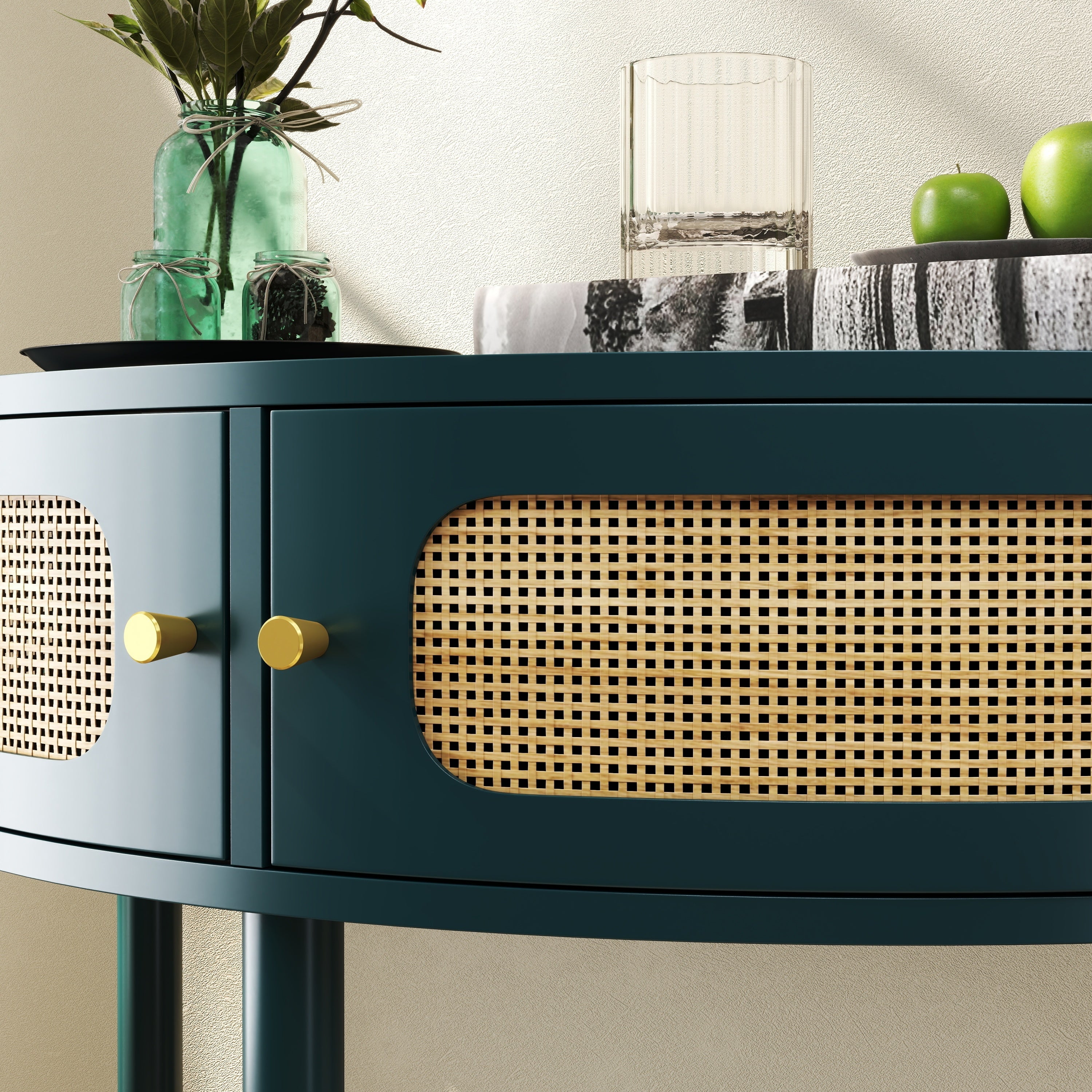 Rattan Semi Circle End Table with 2 Rattan Storage Cabinet