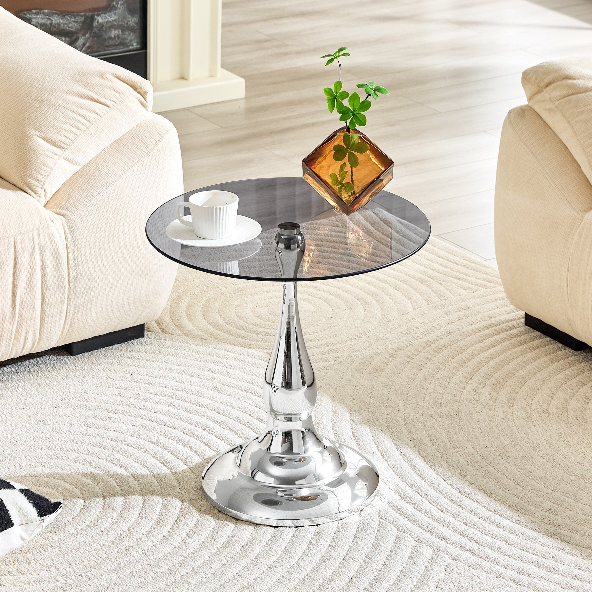 20" Small Luxury Metal Round Side Table with a Glass Top