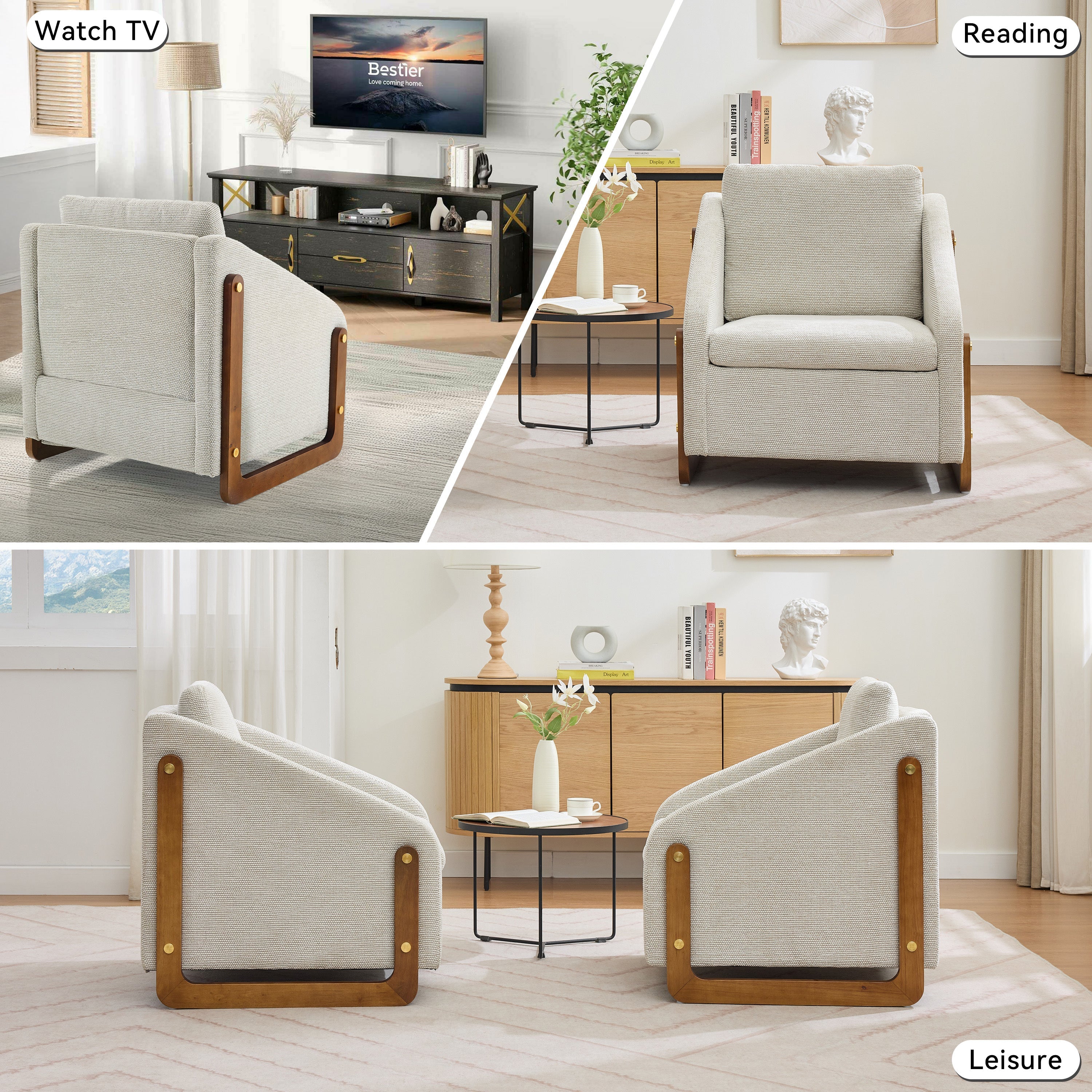 Modern Upholstered Armchair with Wooden Side Frame