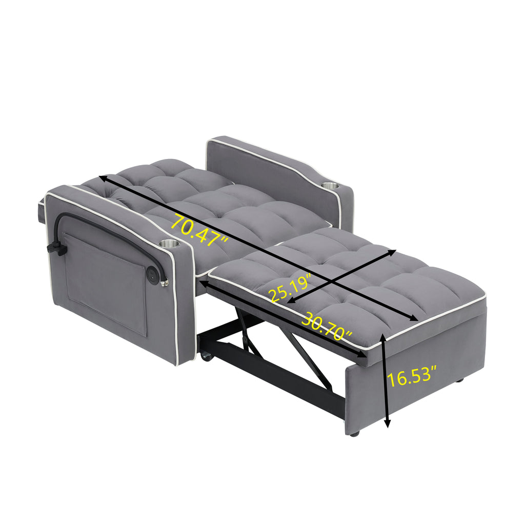 Velvet Foldable Sofa Bed Adjustable Back with USB, Ashtray & Phone Stand