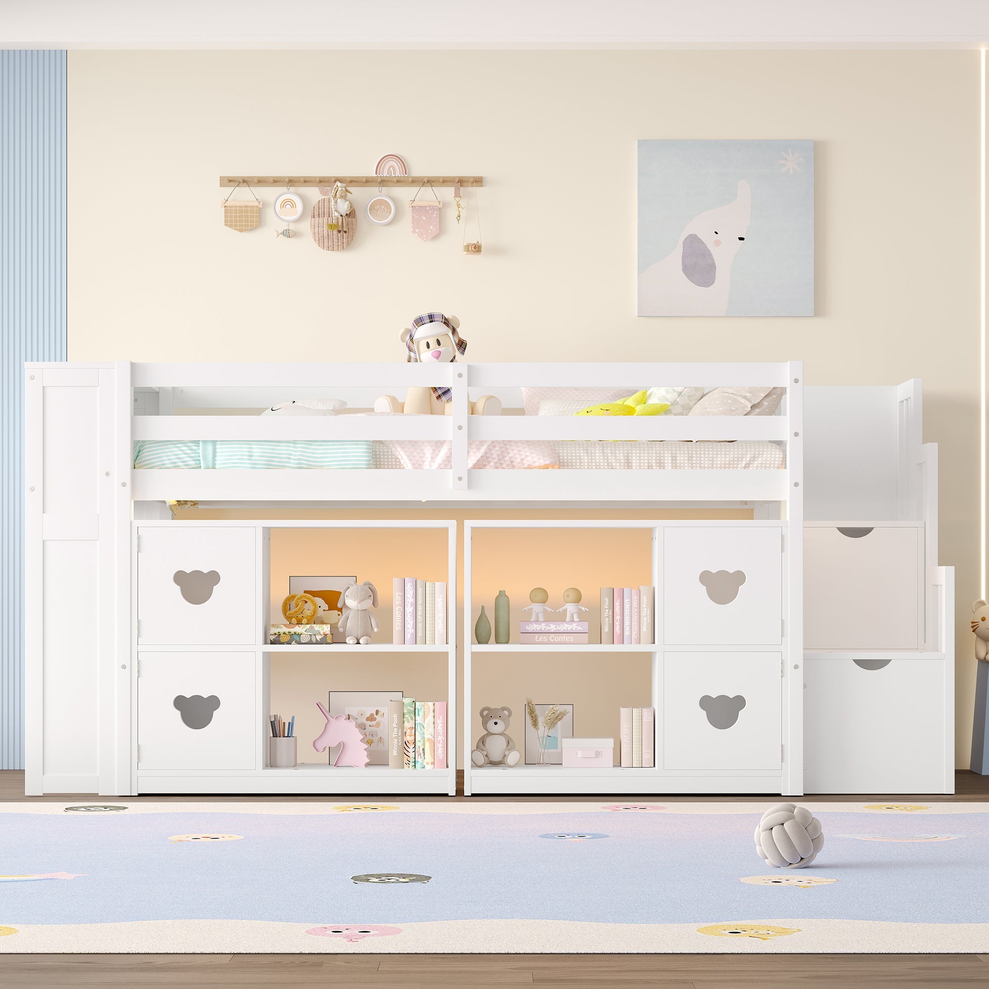 Kids Twin Loft Bed with Storage Cabinets