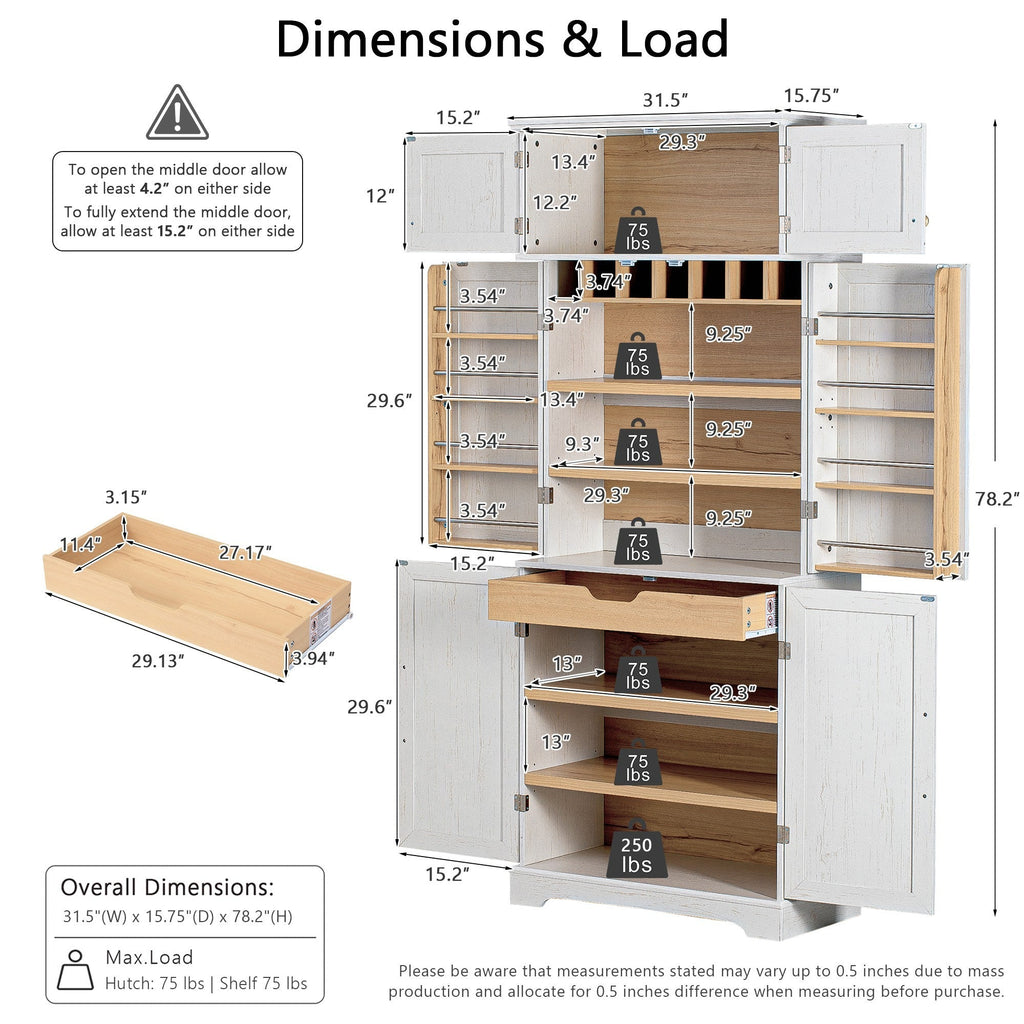 78" Tall Farmhouse Kitchen Pantry Cabinet with Shelves Drawer Wine Rack