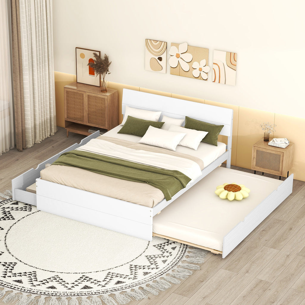 Modern Full Size Bed Frame with Twin Size Trundle and 2 Drawers