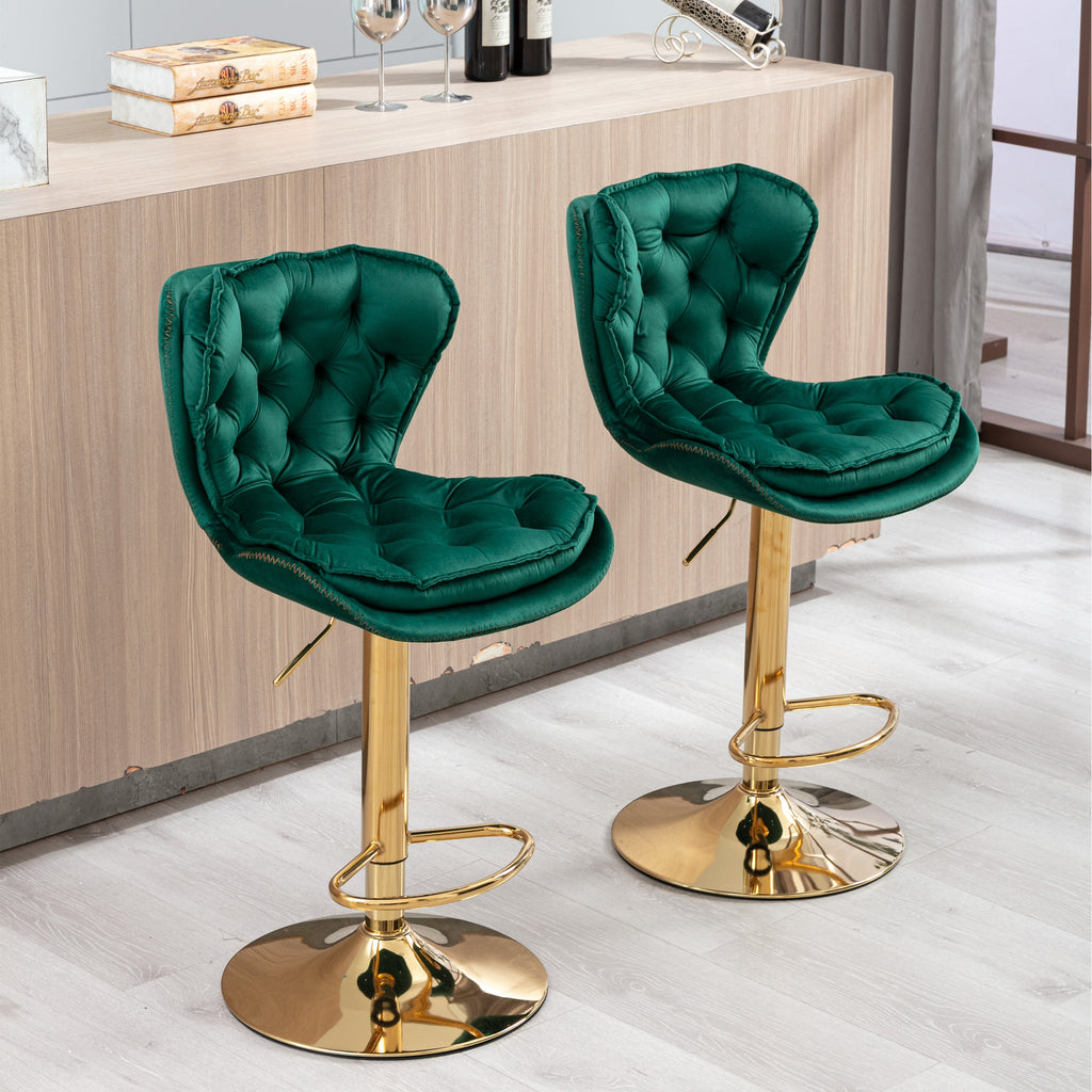 Velvet Bar Stools Set of 2 - Gold Base Adjustable Swivel Counter