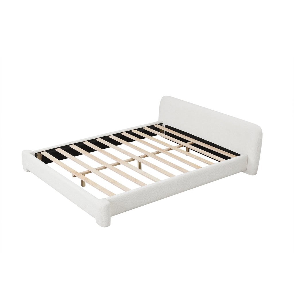 Cozy White Bouclé Upholstered Wood Bed