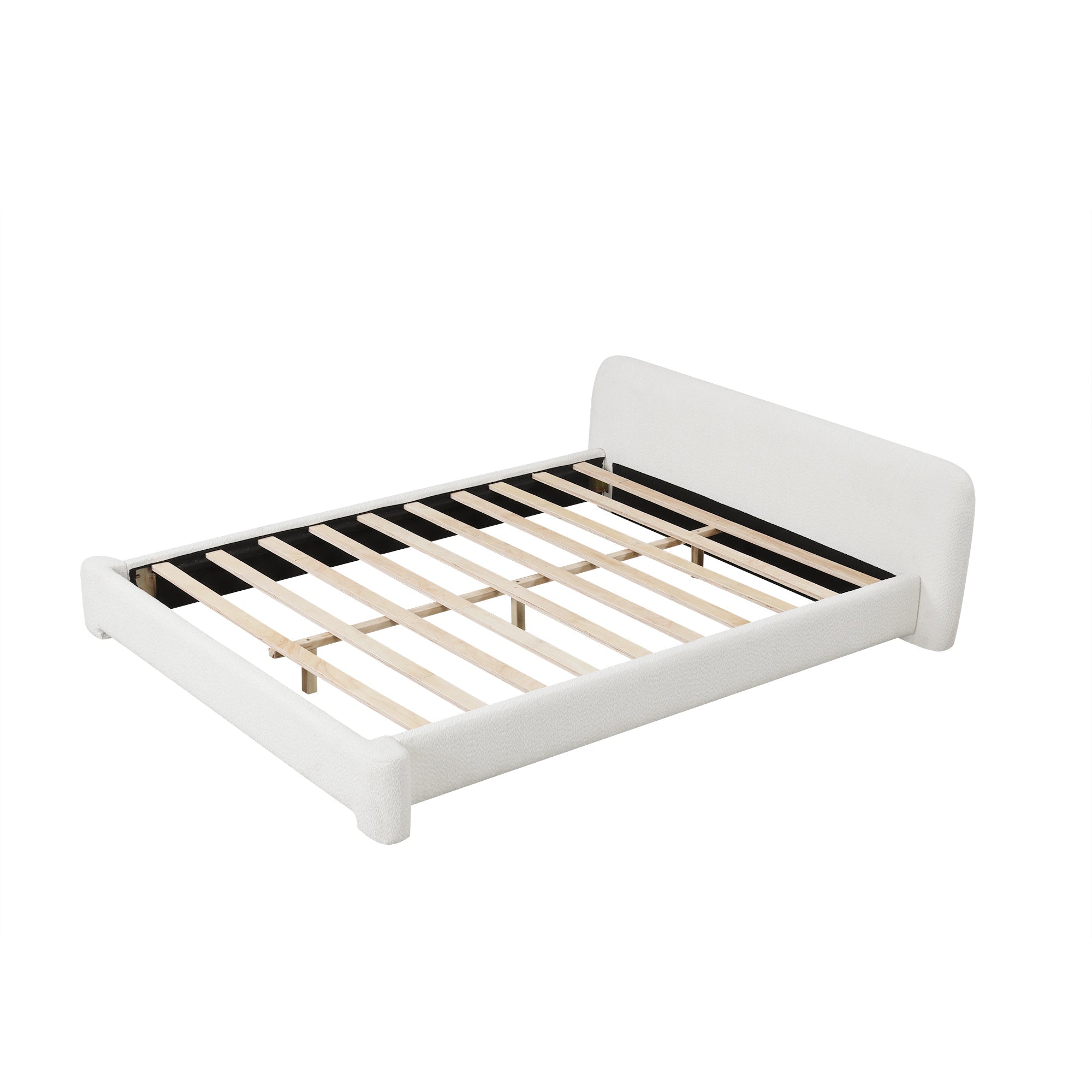 Cozy White Bouclé Upholstered Wood Bed