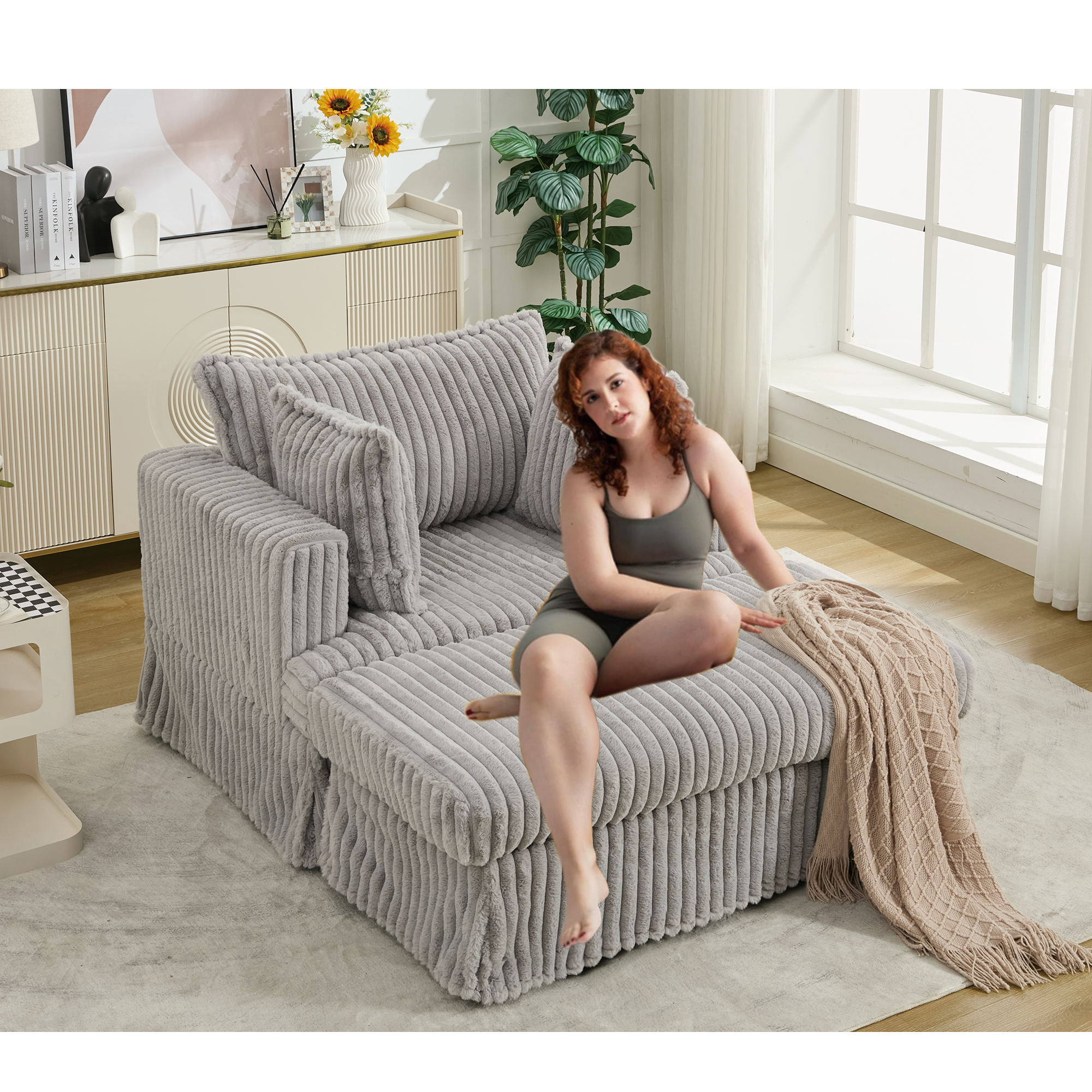 47.7'' Oversized Corduroy Chaise Longue with Ottoman