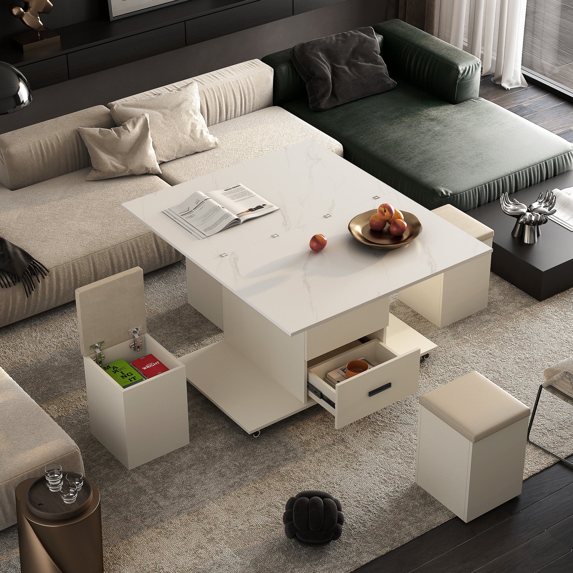 Modern Lift-Up Coffee Table with 4 Stools Set