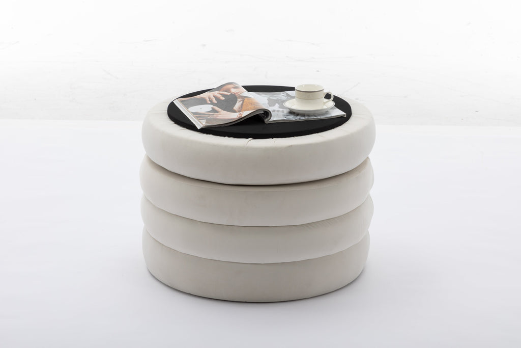 Velvet Fabric Storage Round Ottoman Footstool with Wooden Shelves