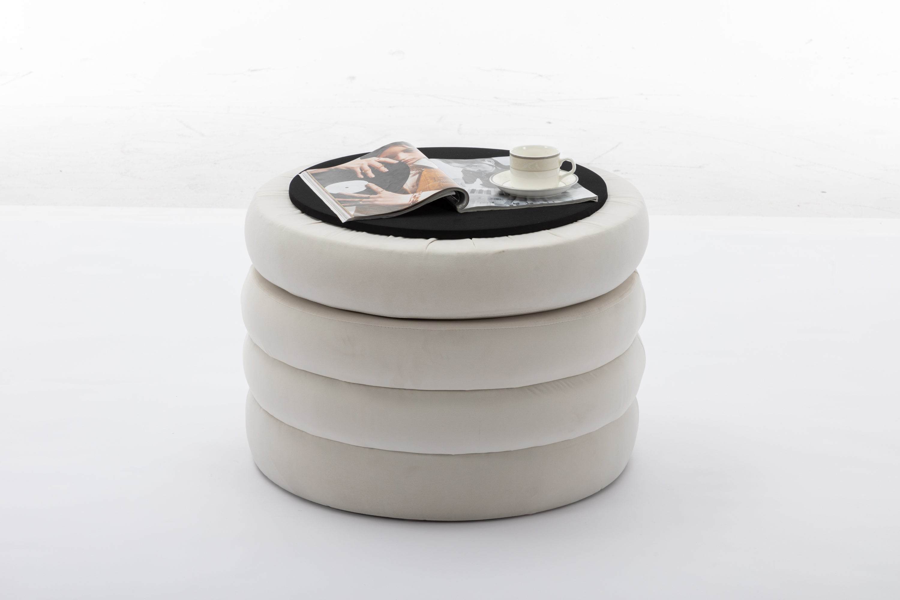 Velvet Fabric Storage Round Ottoman Footstool with Wooden Shelves