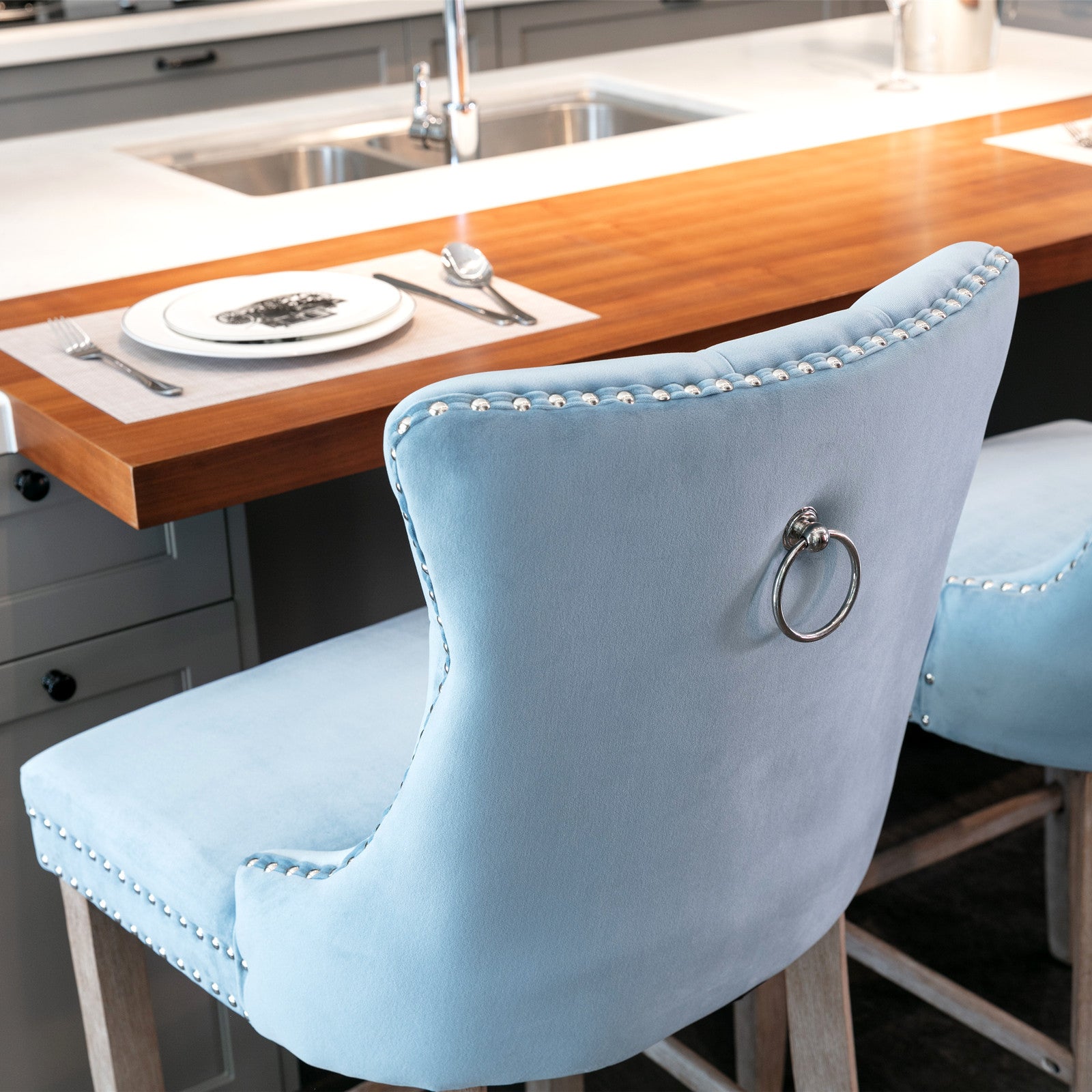 Contemporary Velvet Upholstered Barstools with Button Tufted Decoration (Set of 2)