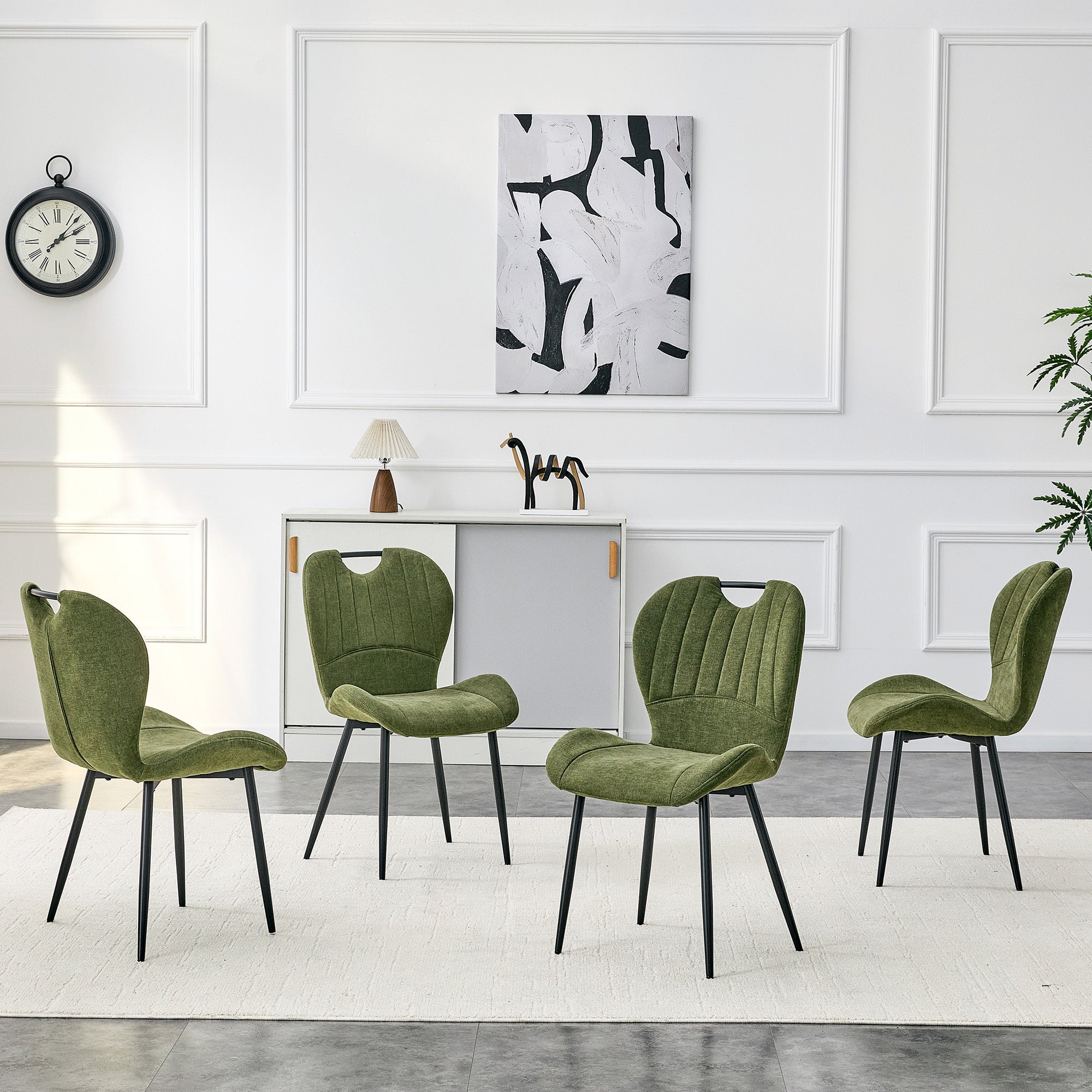 Set of 4 Fabric Dining Chairs Black Metal Frame Wide Cushioned Comfortable