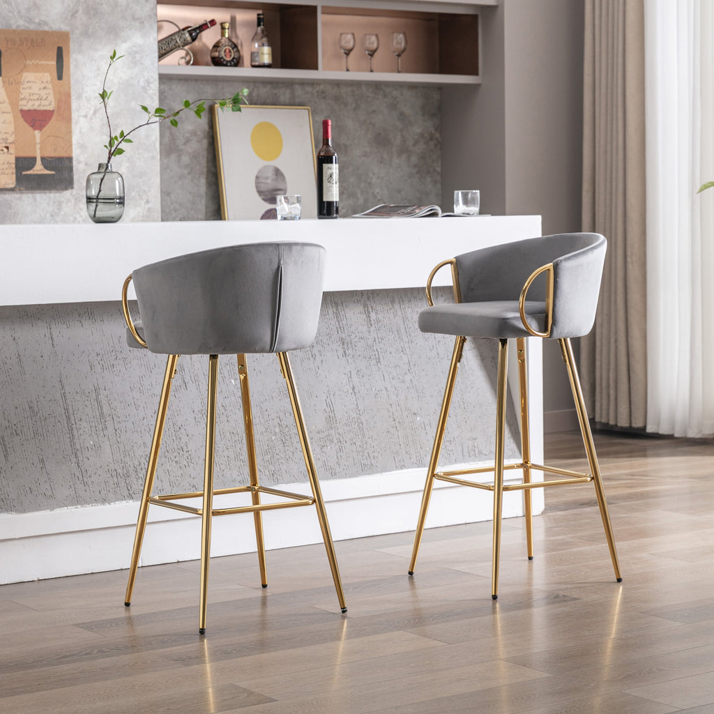 Velvet Bar Stools with Chrome Footrest and Base（Set of 2)