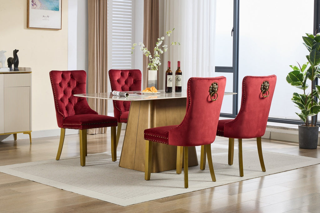 Mid-Century Velvet Dining Chairs with Lion Head Pull Ring (Set of 2)