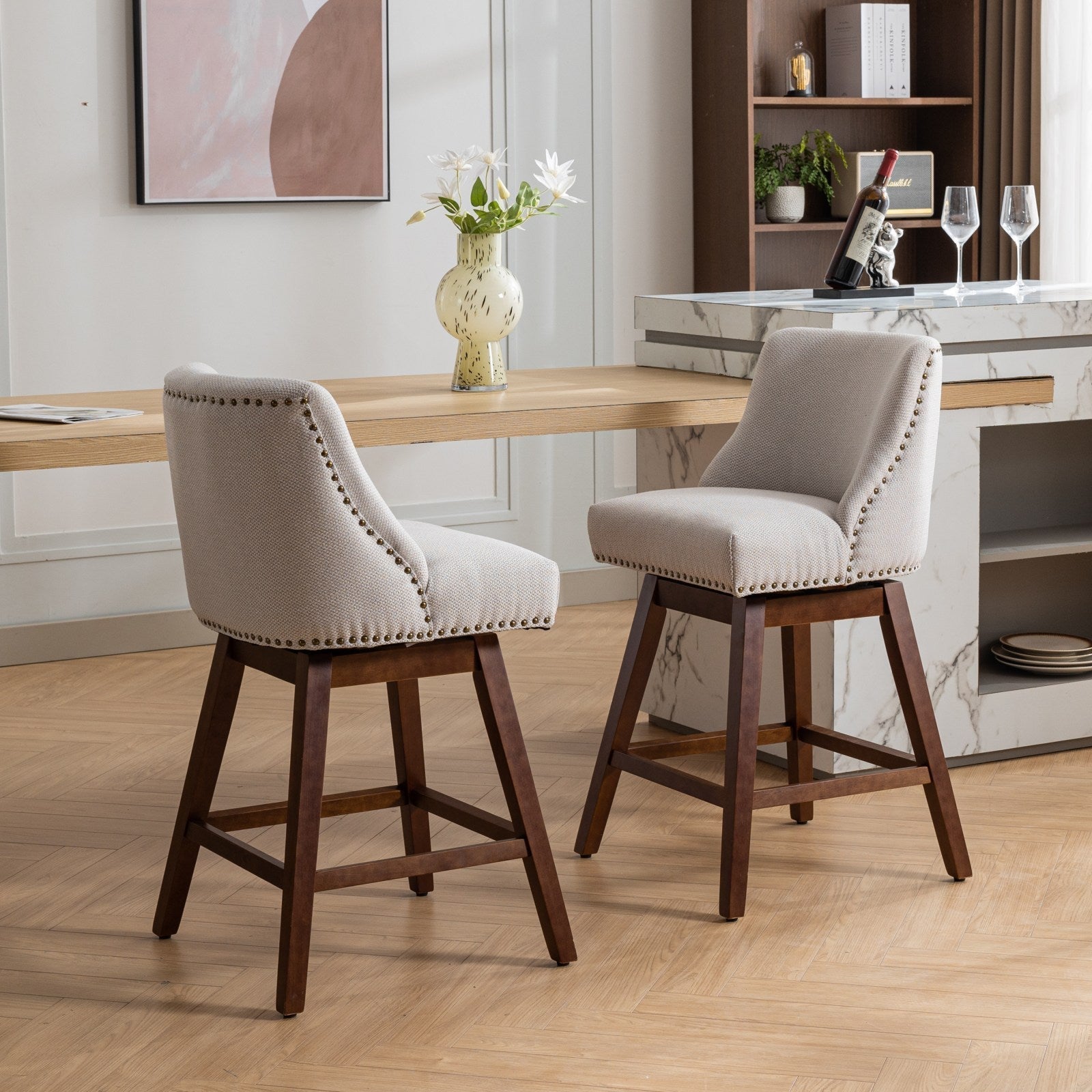 Upholstered Swivel Counter Height Bar Stools with Nailhead Trim (Set of 2)