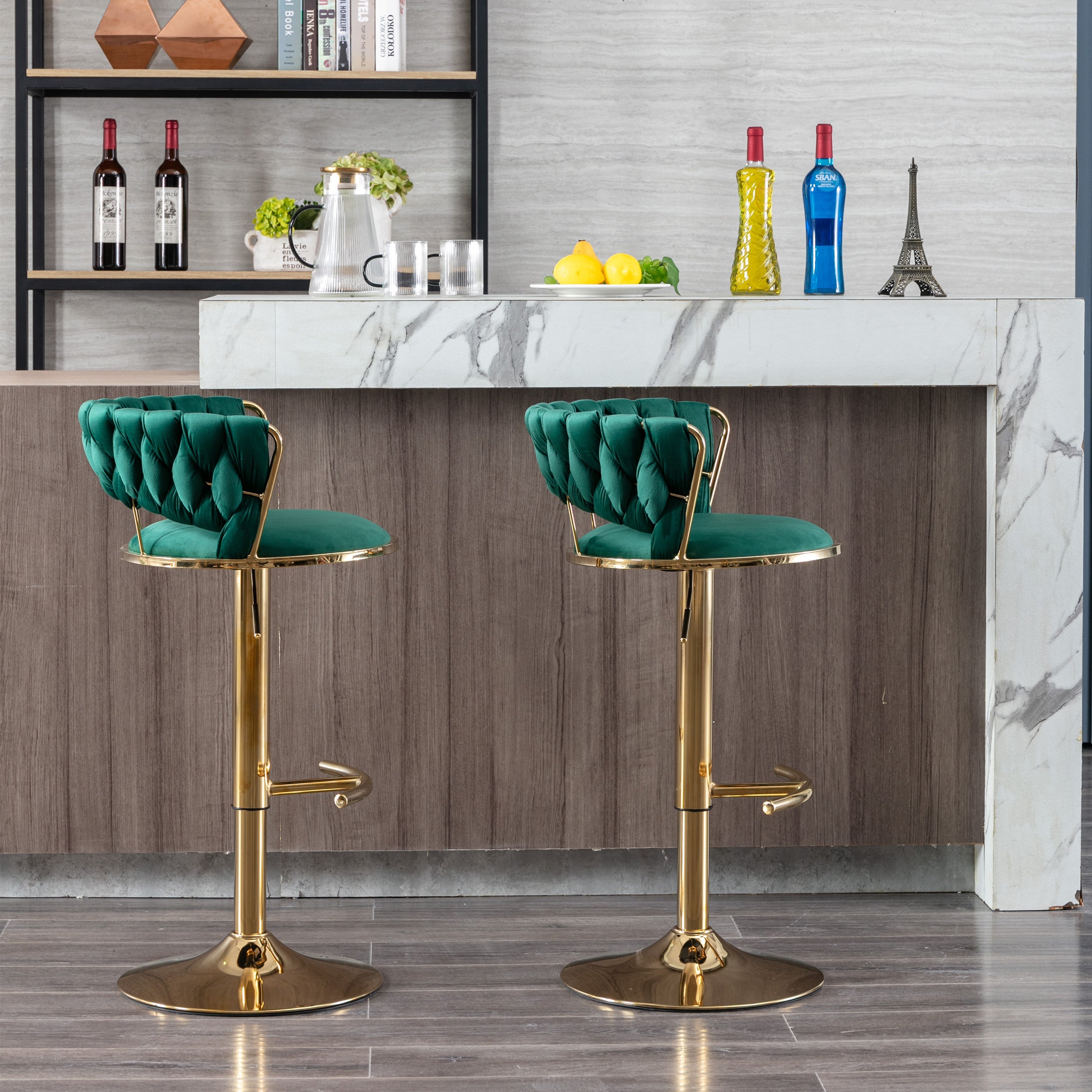 Swivel Height Adjustable Velvet Bar Stools with Golden Leg (Set of 2 )