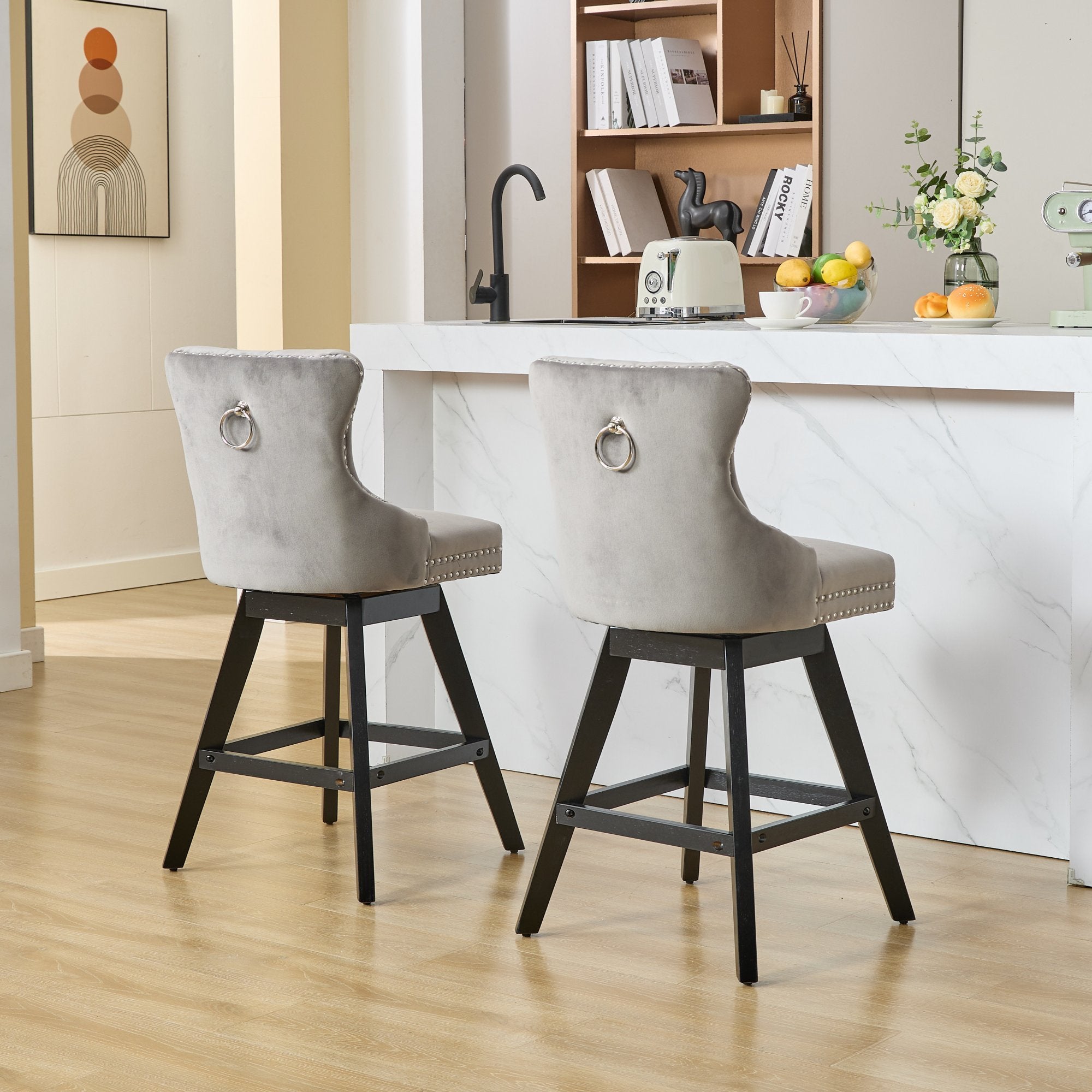 Swivel Velvet Barstools with Button Tufted Decoration (Set of 2)