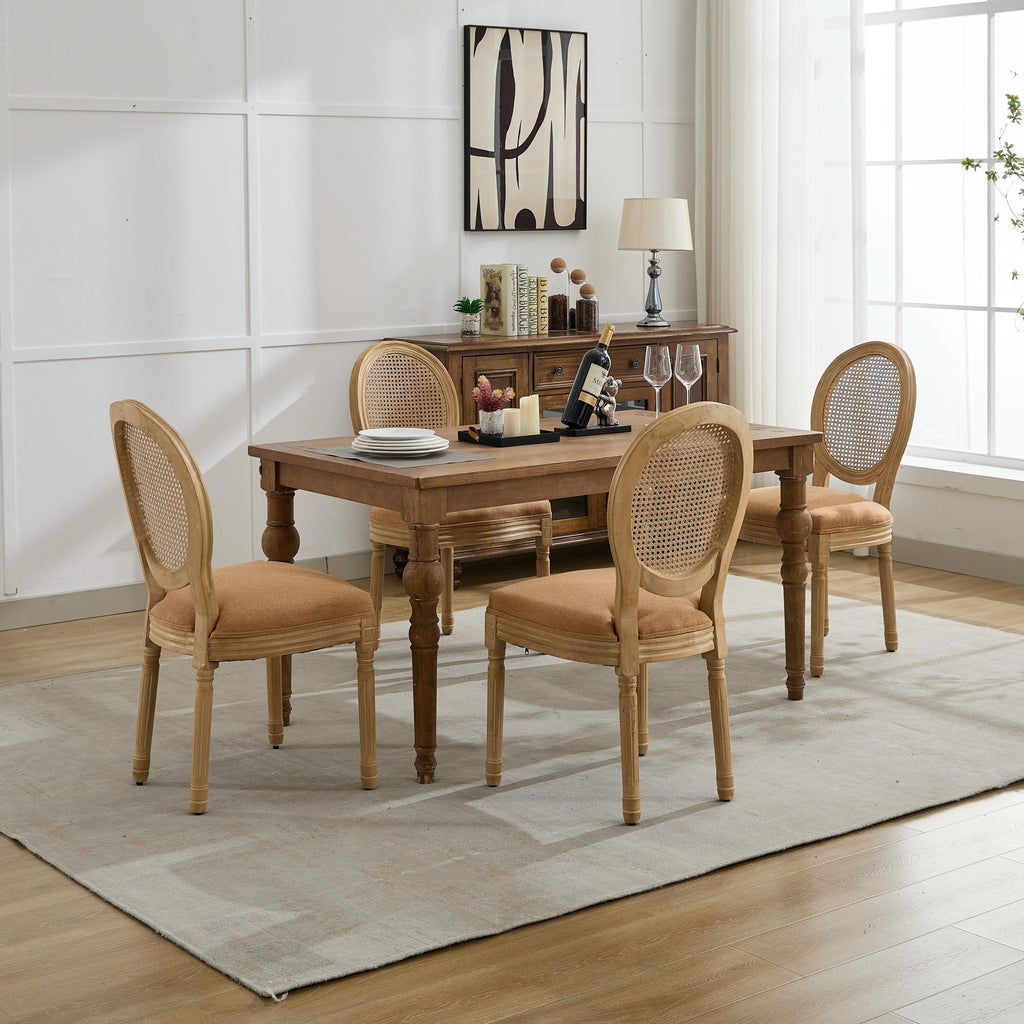 French Style Linen Fabric Rattan Back Dining Chairs (Set of 2)