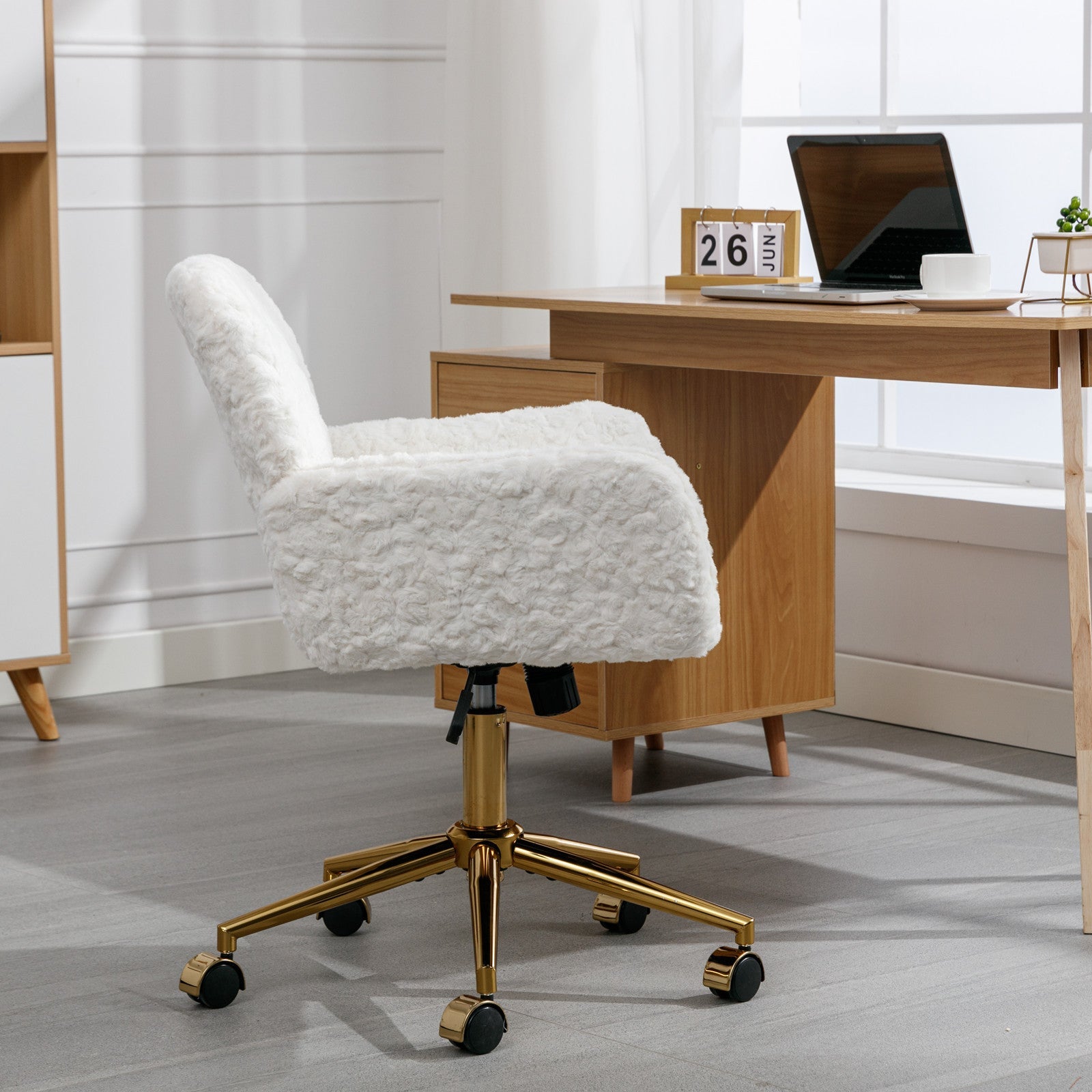 Artificial Rabbit Hair Home Office Chair with Golden Metal Base