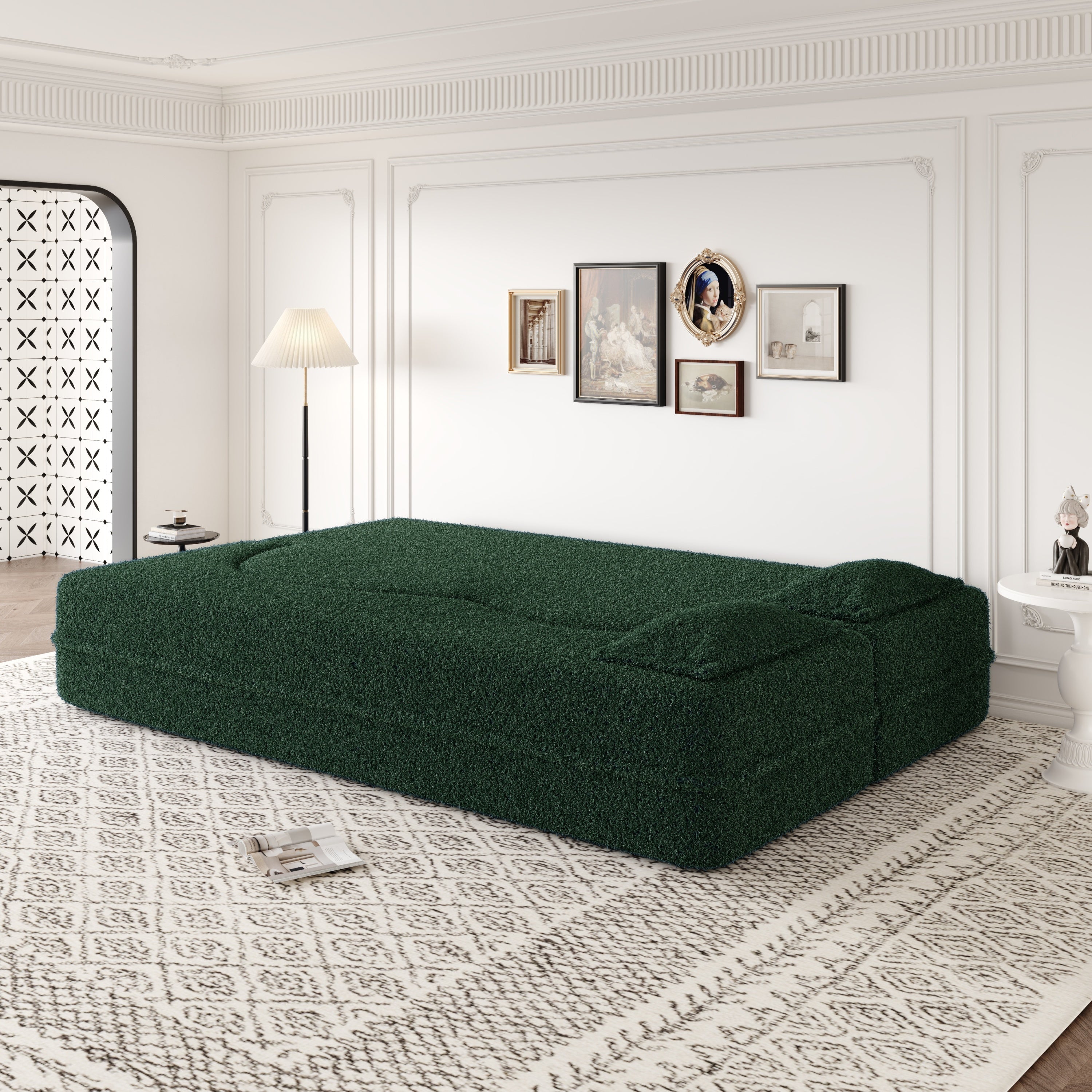 Modern Convertible Teddy Fabric Sofa with 2 Pillows