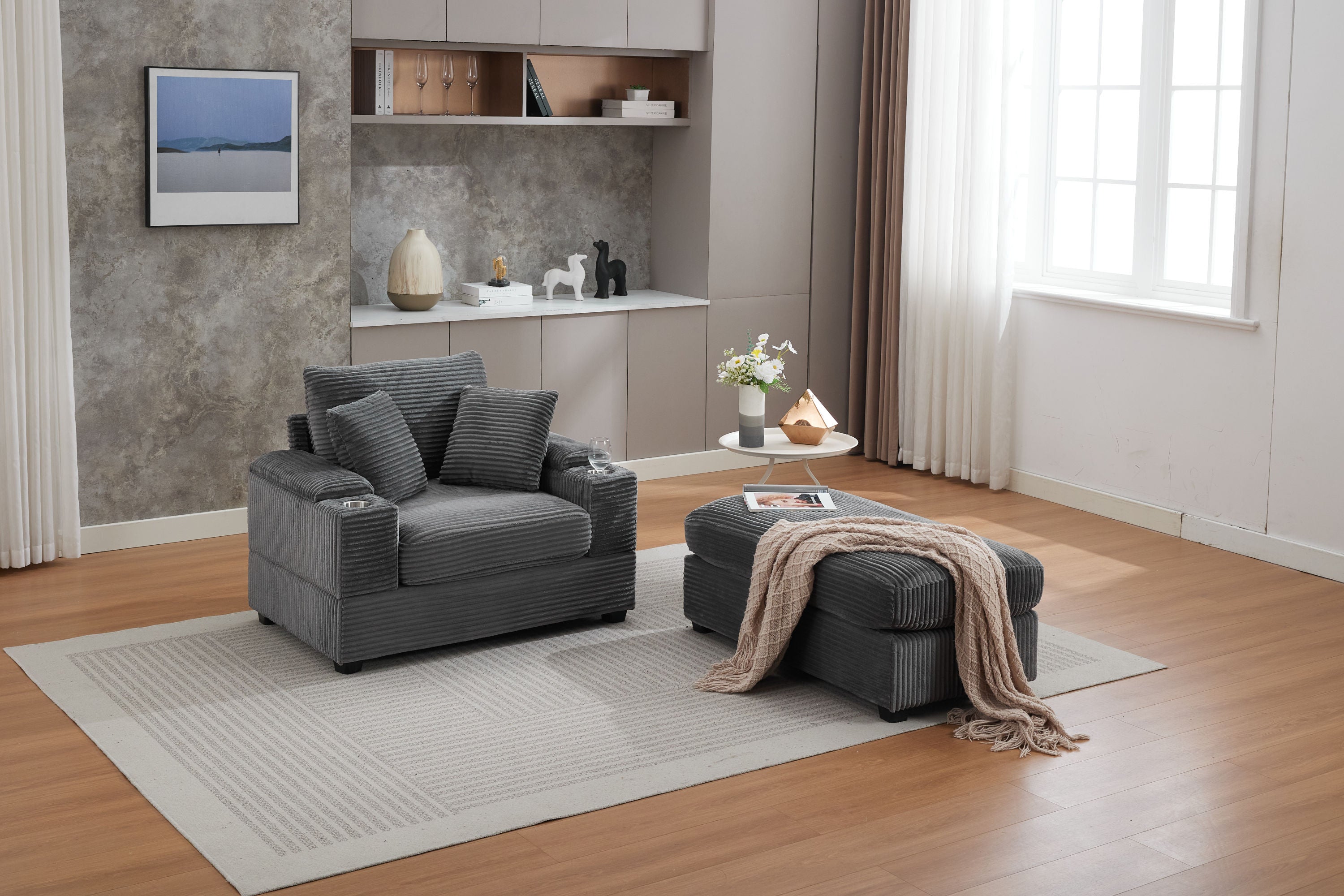 Corduroy Upholstered Chaise Lounge Sofa with Handrail Storage