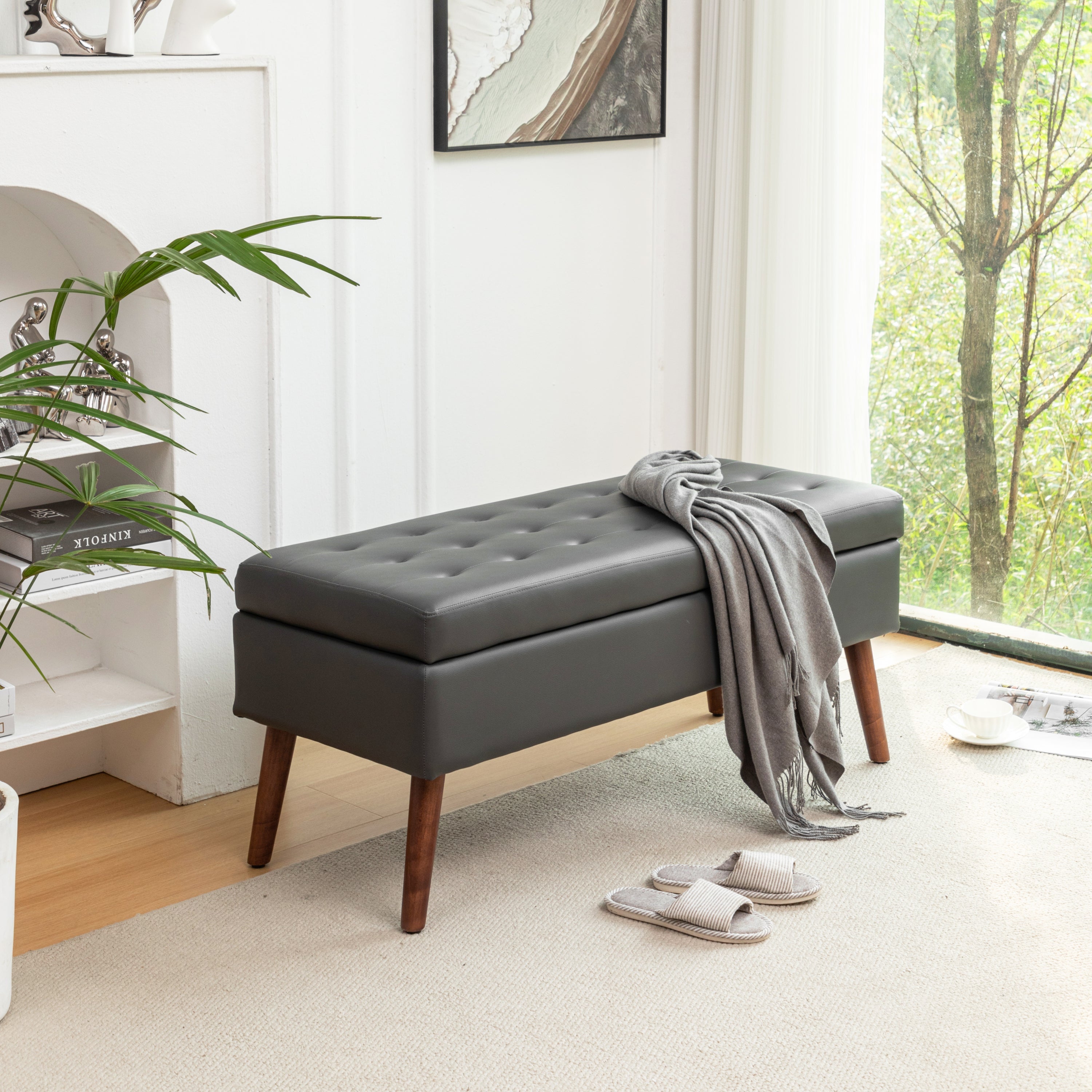 Brown PU Leather Storage Bench
