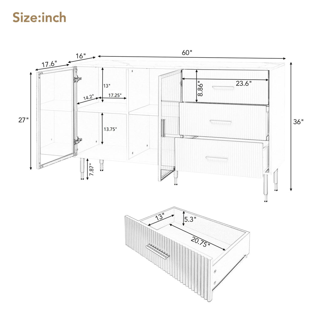 Modern Sideboard MDF Buffet Cabinet with Marble Sticker Tabletop