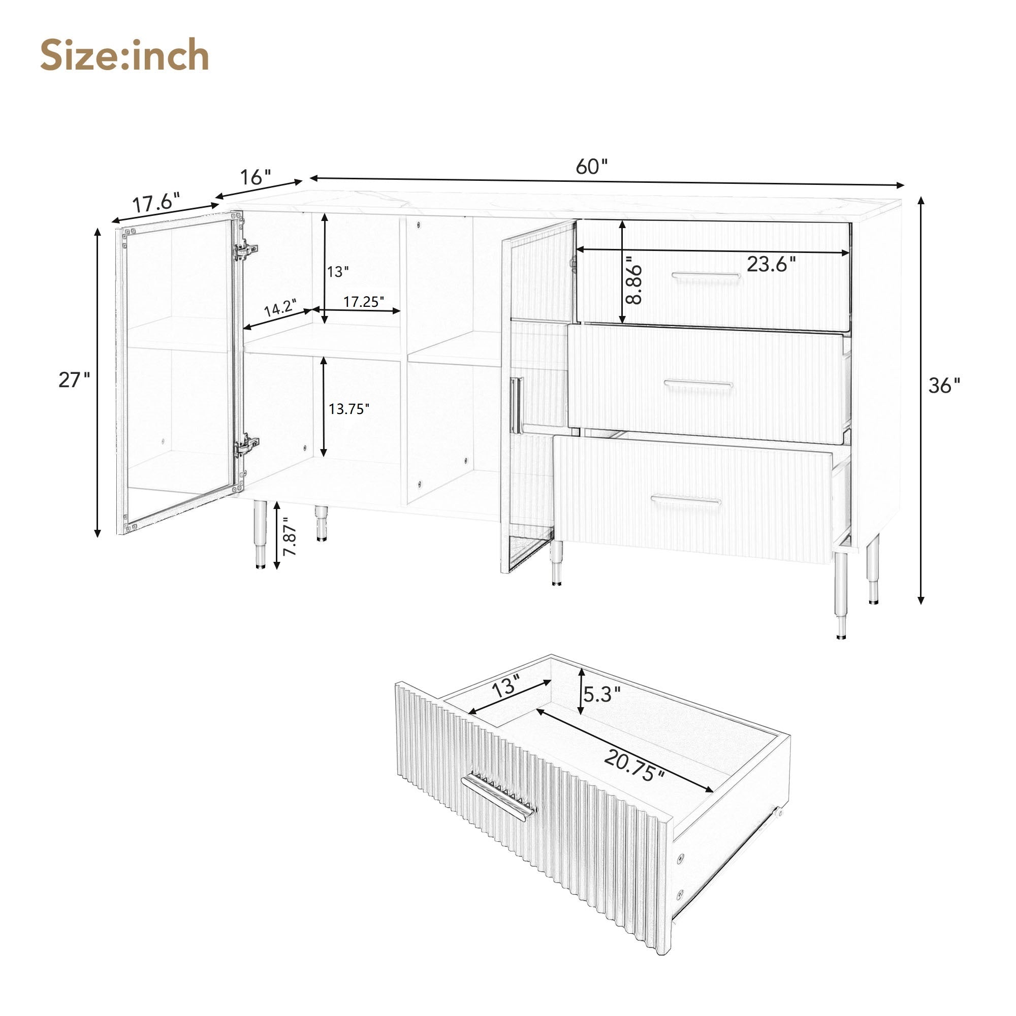 Modern Sideboard MDF Buffet Cabinet with Marble Sticker Tabletop