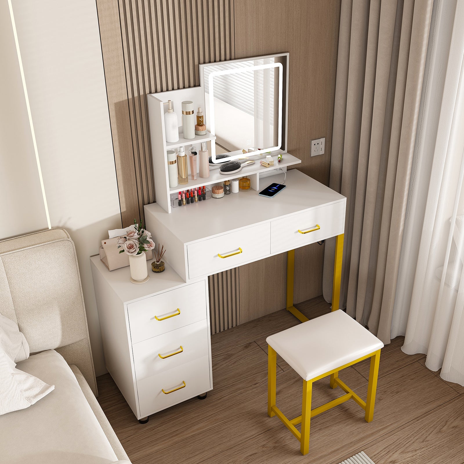 Elegant Makeup Vanity with LED Lights and Power Outlet