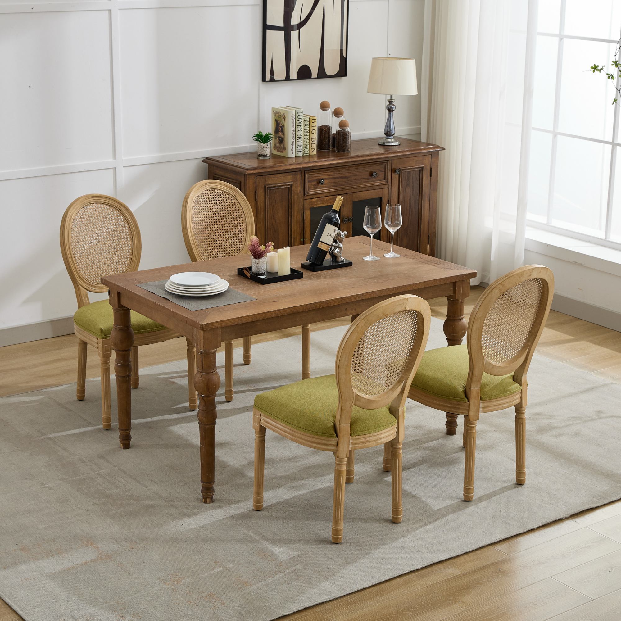 French Style Solid Wood Frame Linen Fabric Dining Chair (Set of 2)