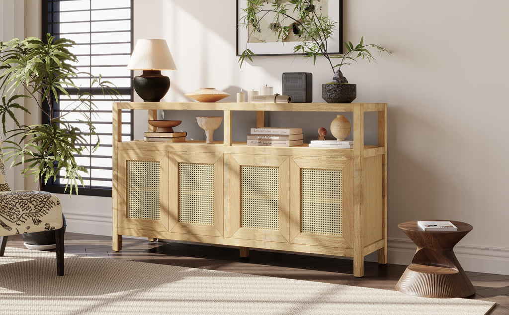 Bohemian Style Rattan Storage Cabinet with 3-position Adjustable Shelves