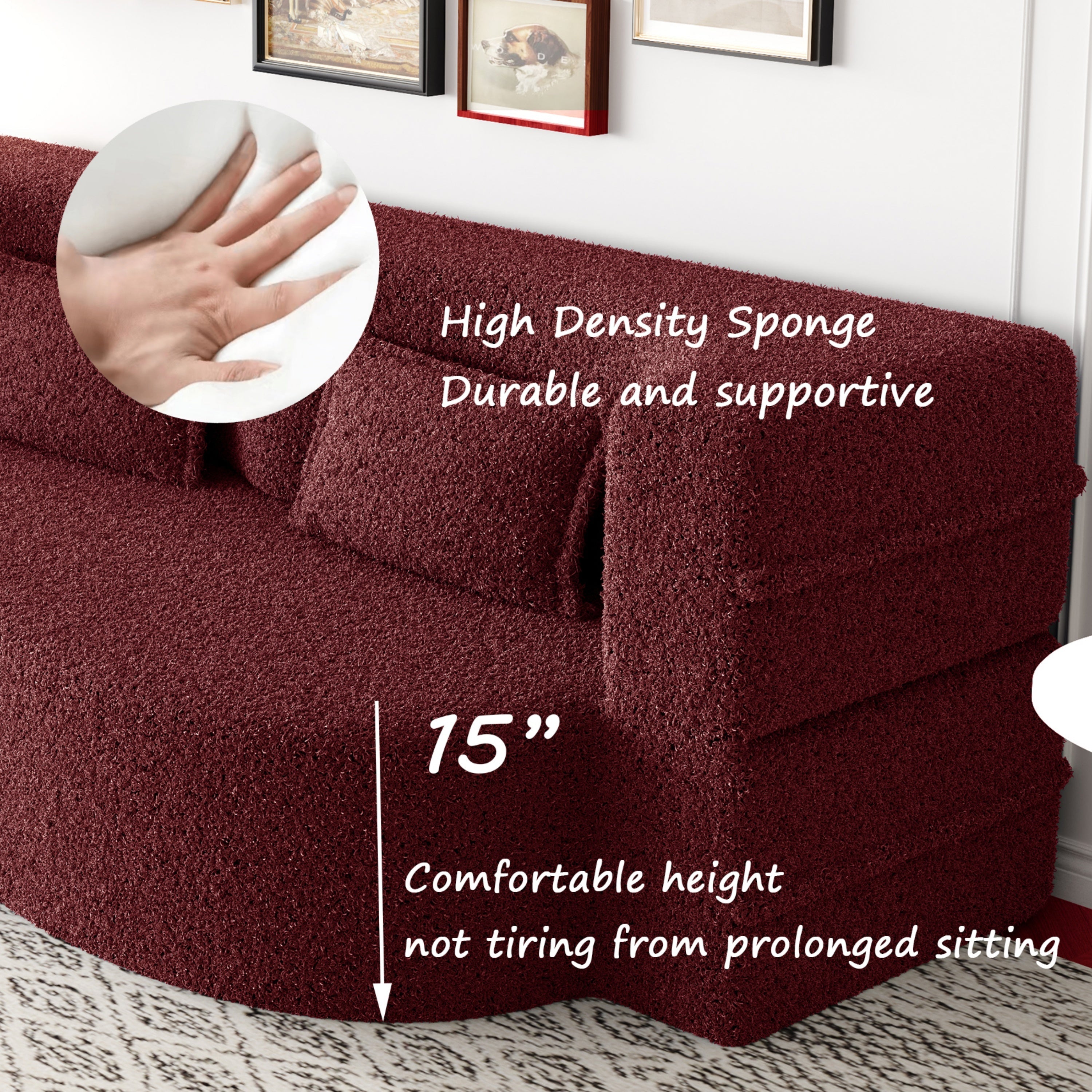 Modern Convertible Teddy Fabric Sofa with 2 Pillows