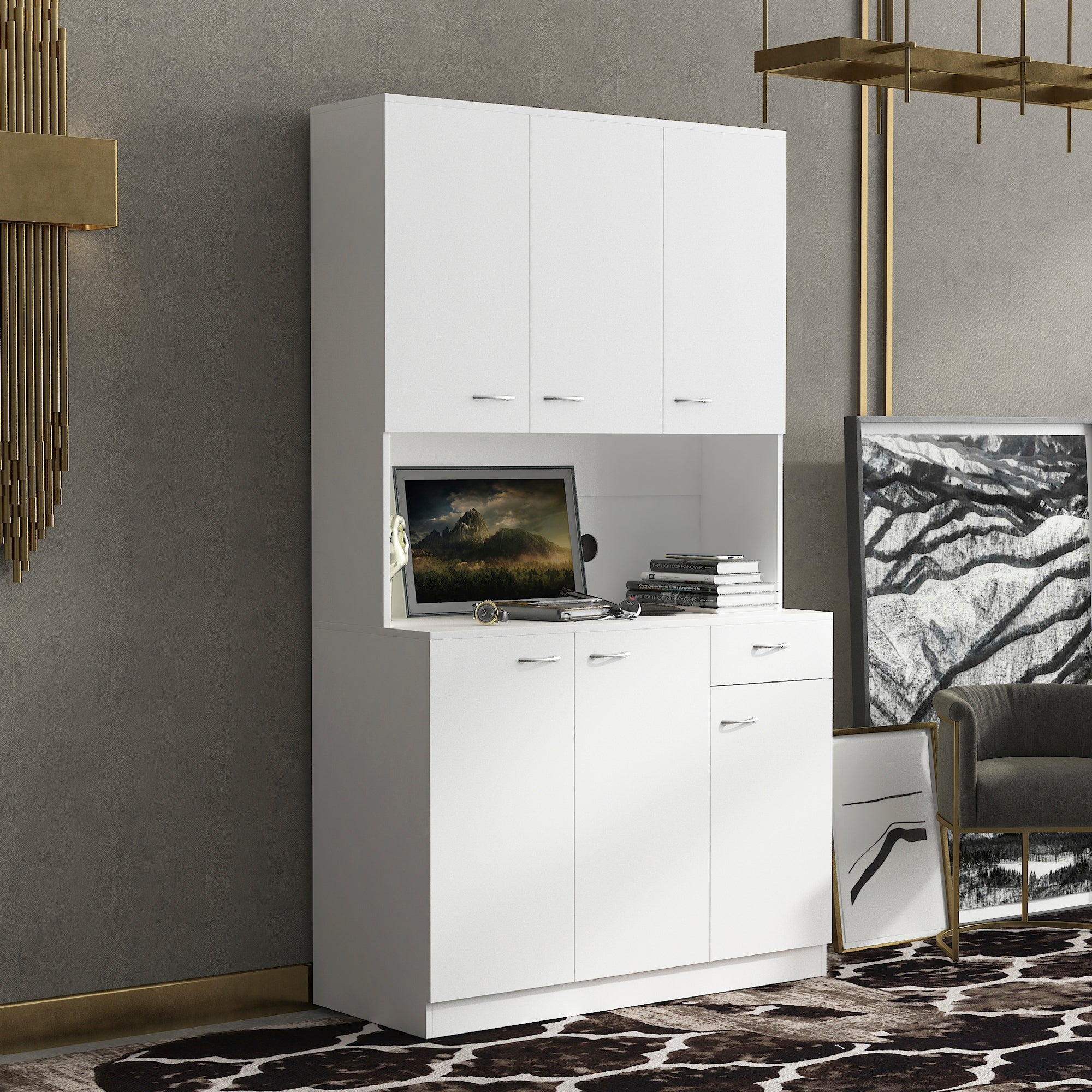 70.87' Tall White Kitchen Cabinet with 6-Doors