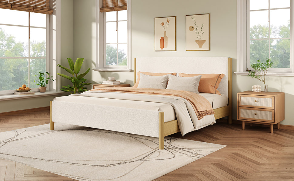 Modern White Boucle Upholstered Bed