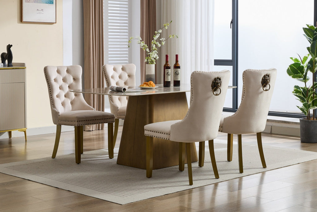 Mid-Century Velvet Dining Chairs with Lion Head Pull Ring (Set of 2)