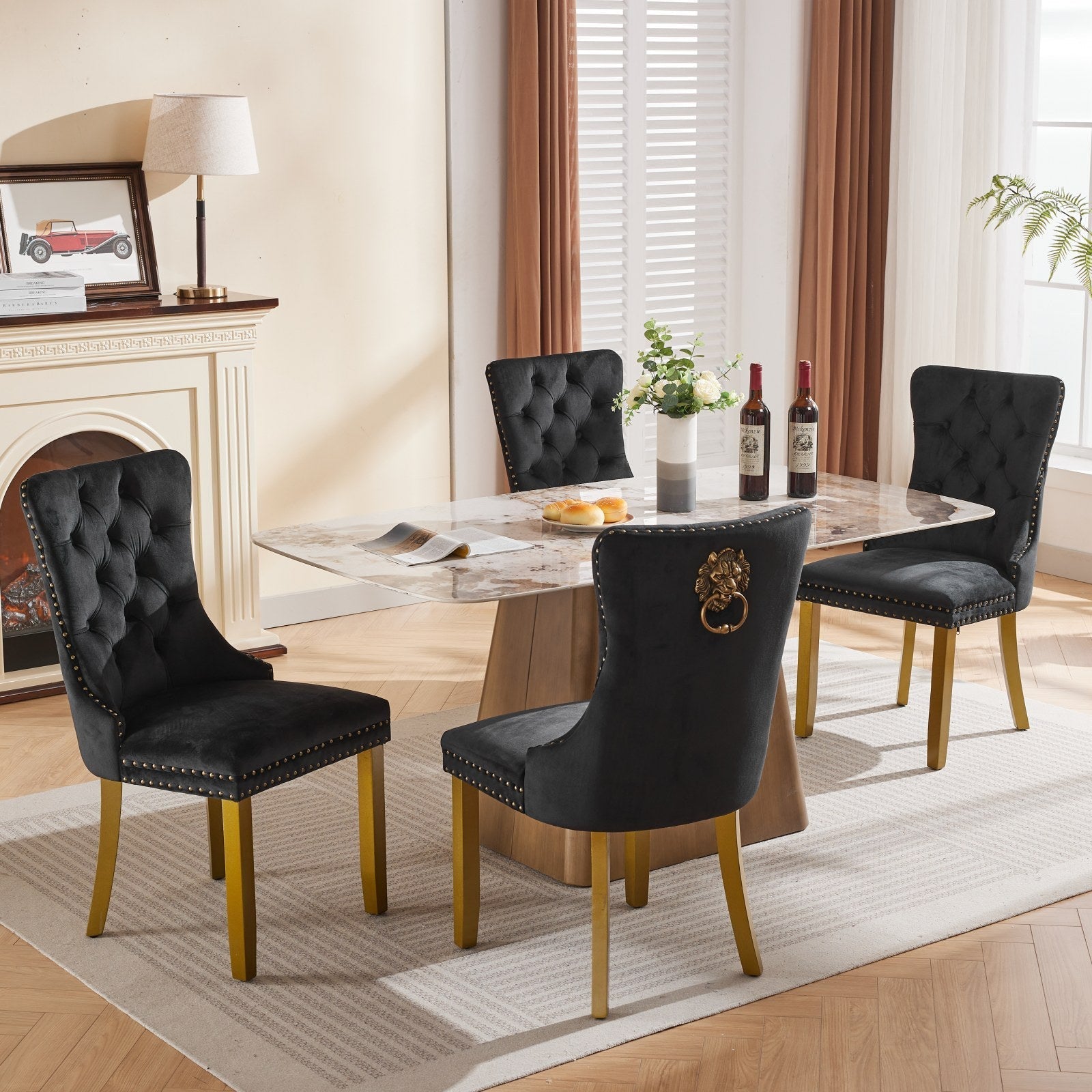 Mid-Century Velvet Dining Chairs with Lion Head Pull Ring (Set of 2)