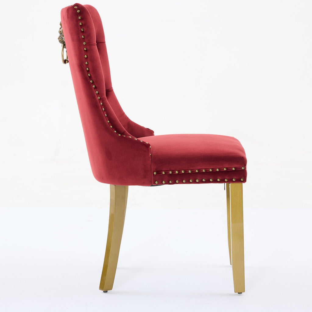 Mid-Century Velvet Dining Chairs with Lion Head Pull Ring (Set of 2)