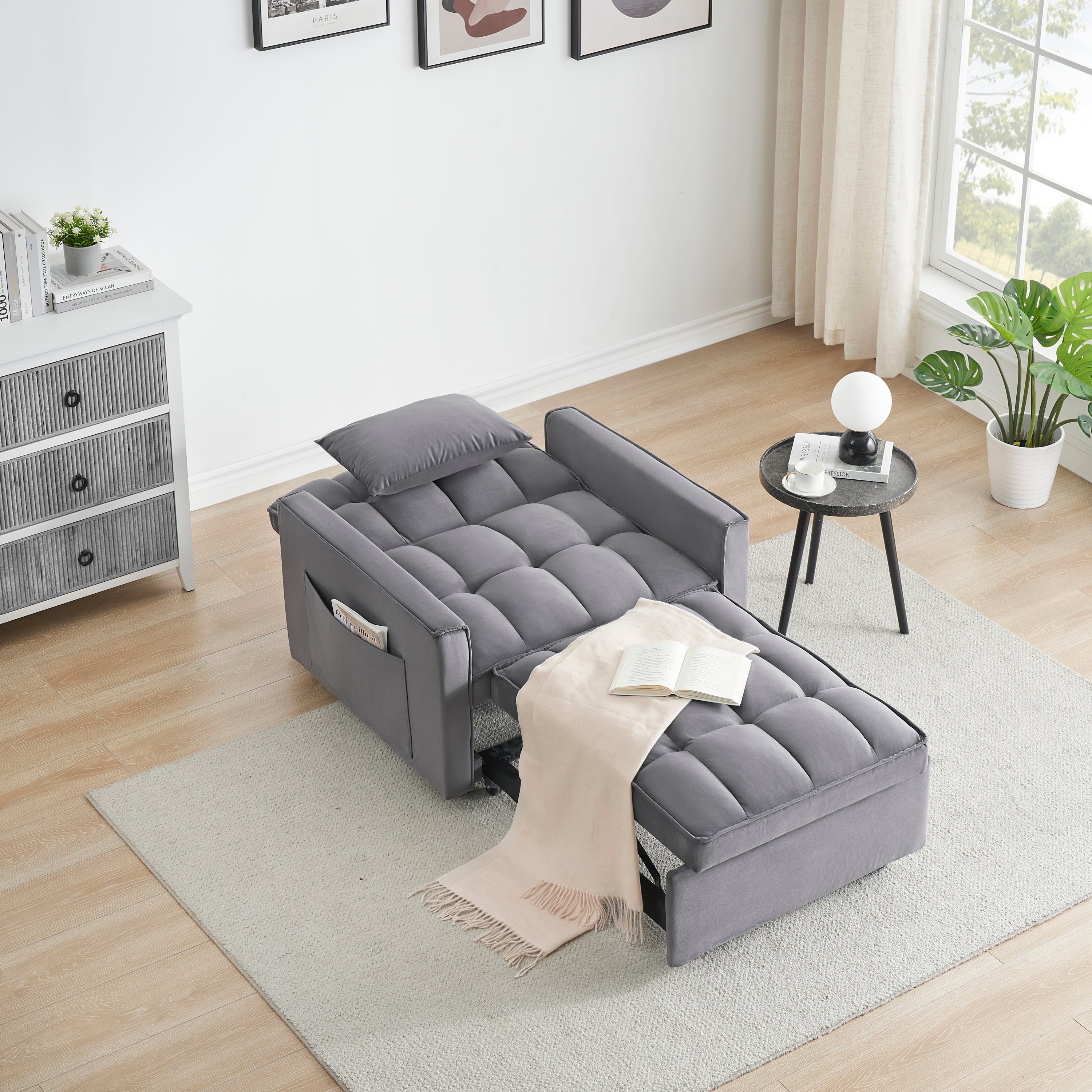 Velvet Foldable Sofa Bed Adjustable Back with USB, Ashtray & Phone Stand