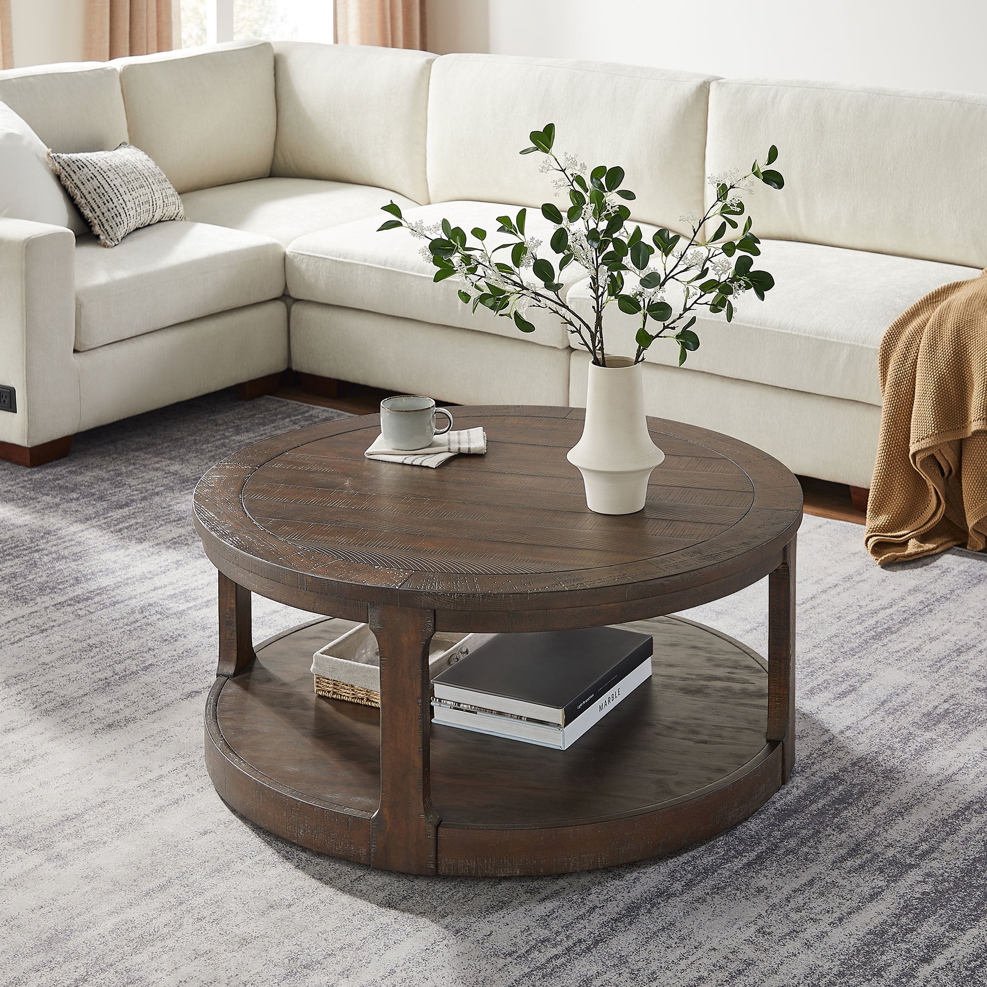 40" Large Curved 2 Tier Traditional Coffee Table with Wheels